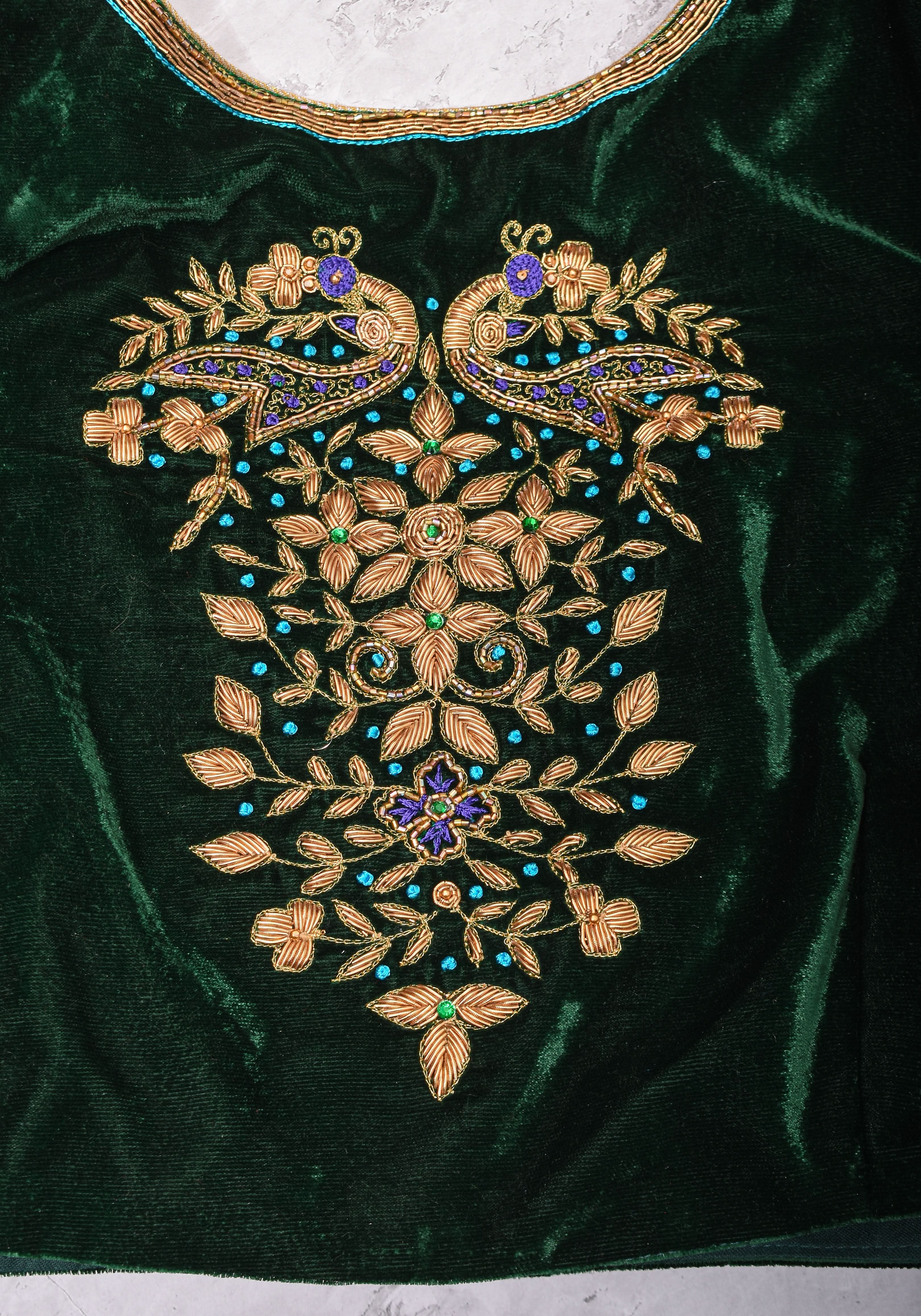Green Velvet Blouse with Zardosi Work   Mix and Match Blouse for saree, Made to Order | Shobitam