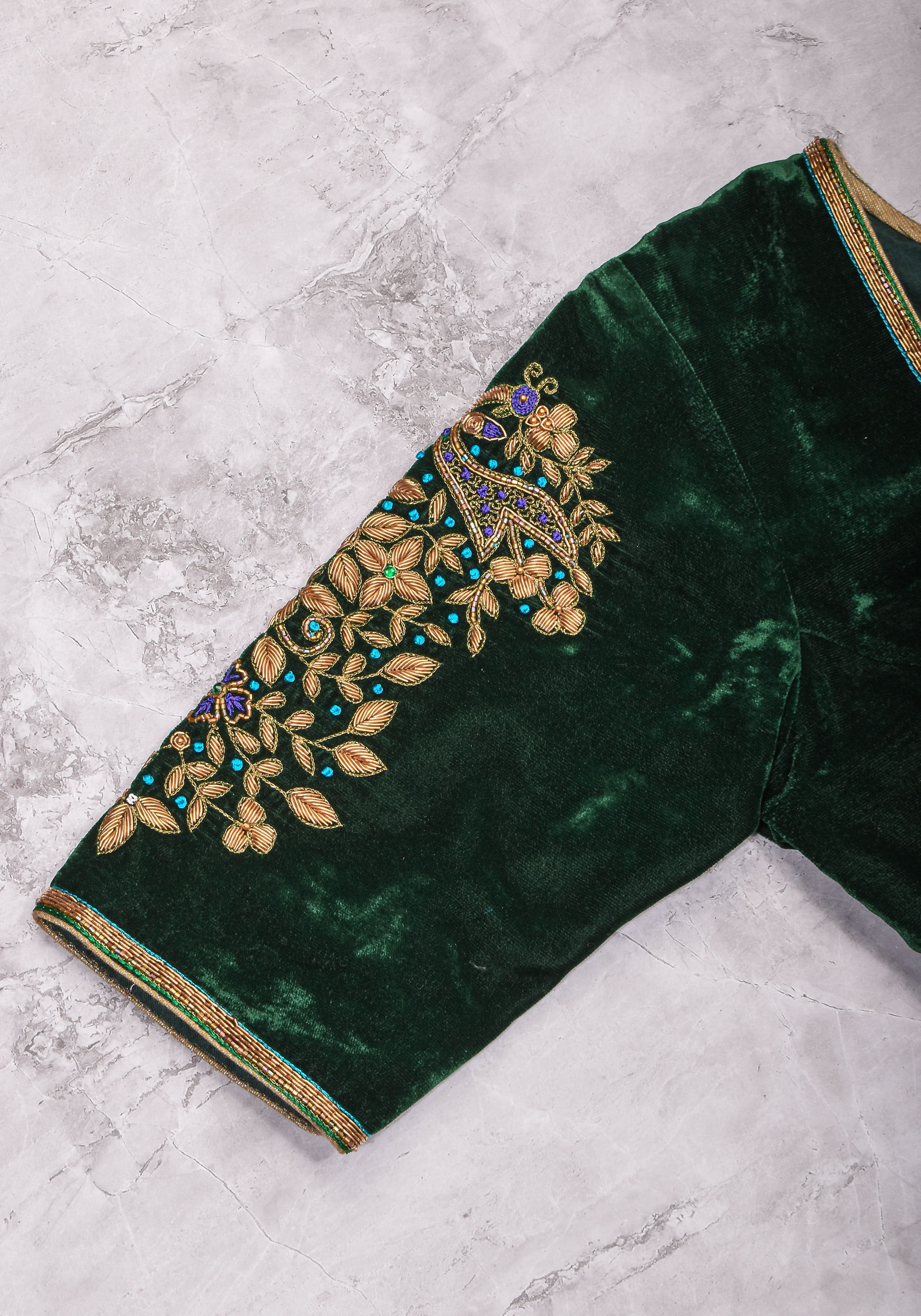 Green Velvet Blouse with Zardosi Work   Mix and Match Blouse for saree, Made to Order | Shobitam