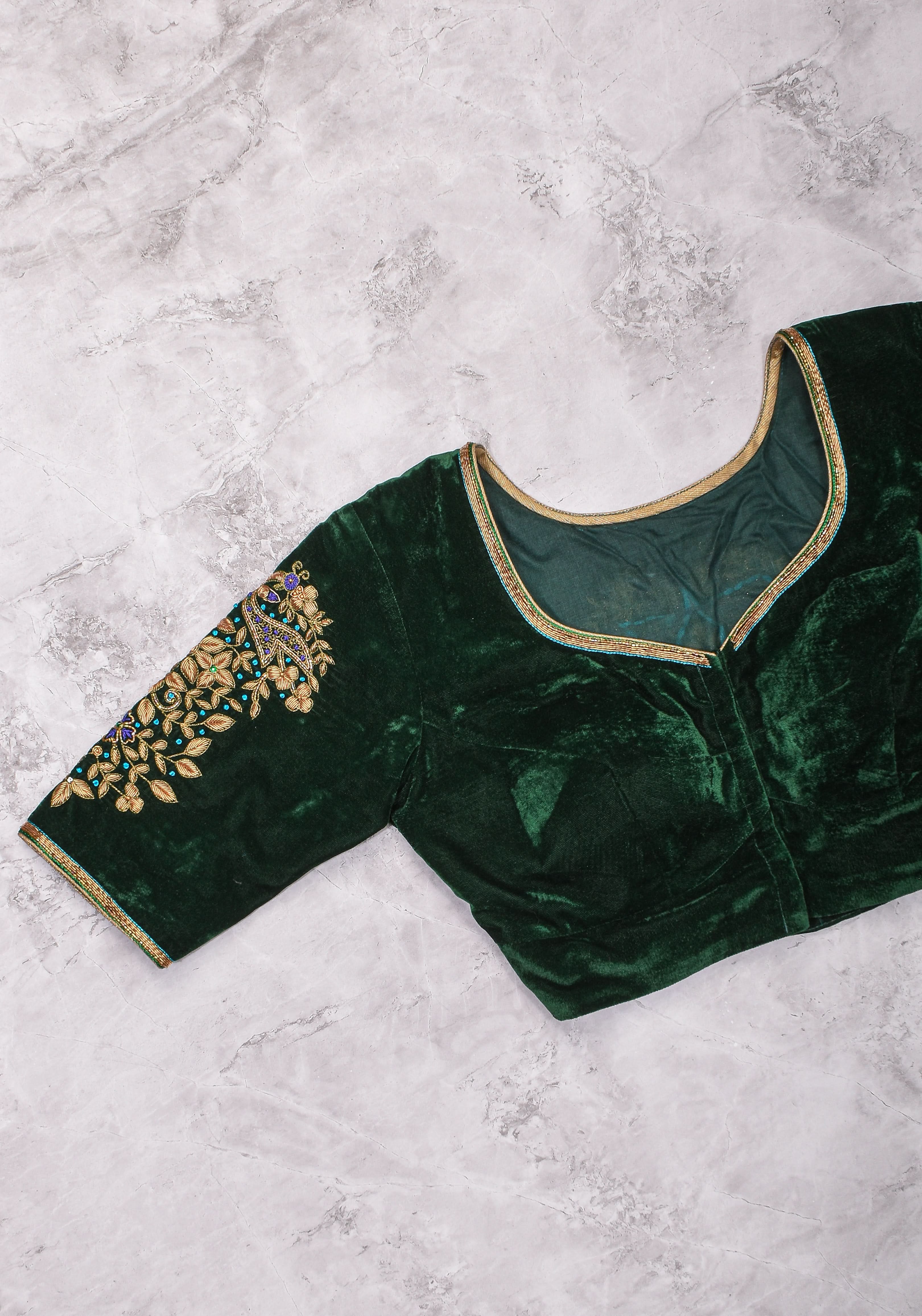 Green Velvet Blouse with Zardosi Work   Mix and Match Blouse for saree, Made to Order | Shobitam