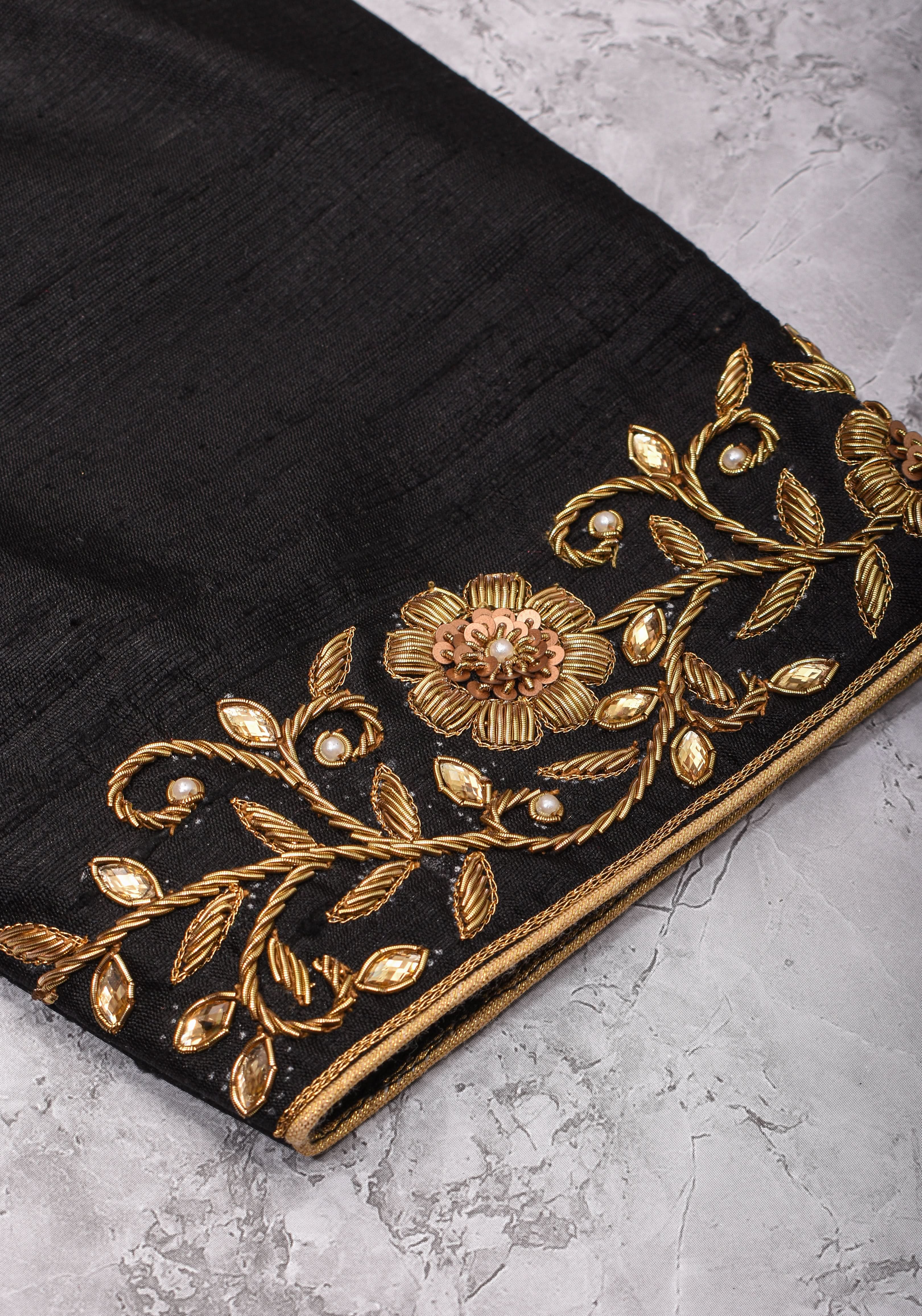 Black Raw Silk Blouse with Collar Neck and Zardosi Work   Mix and Match Blouse for saree, Made to Order | Shobitam