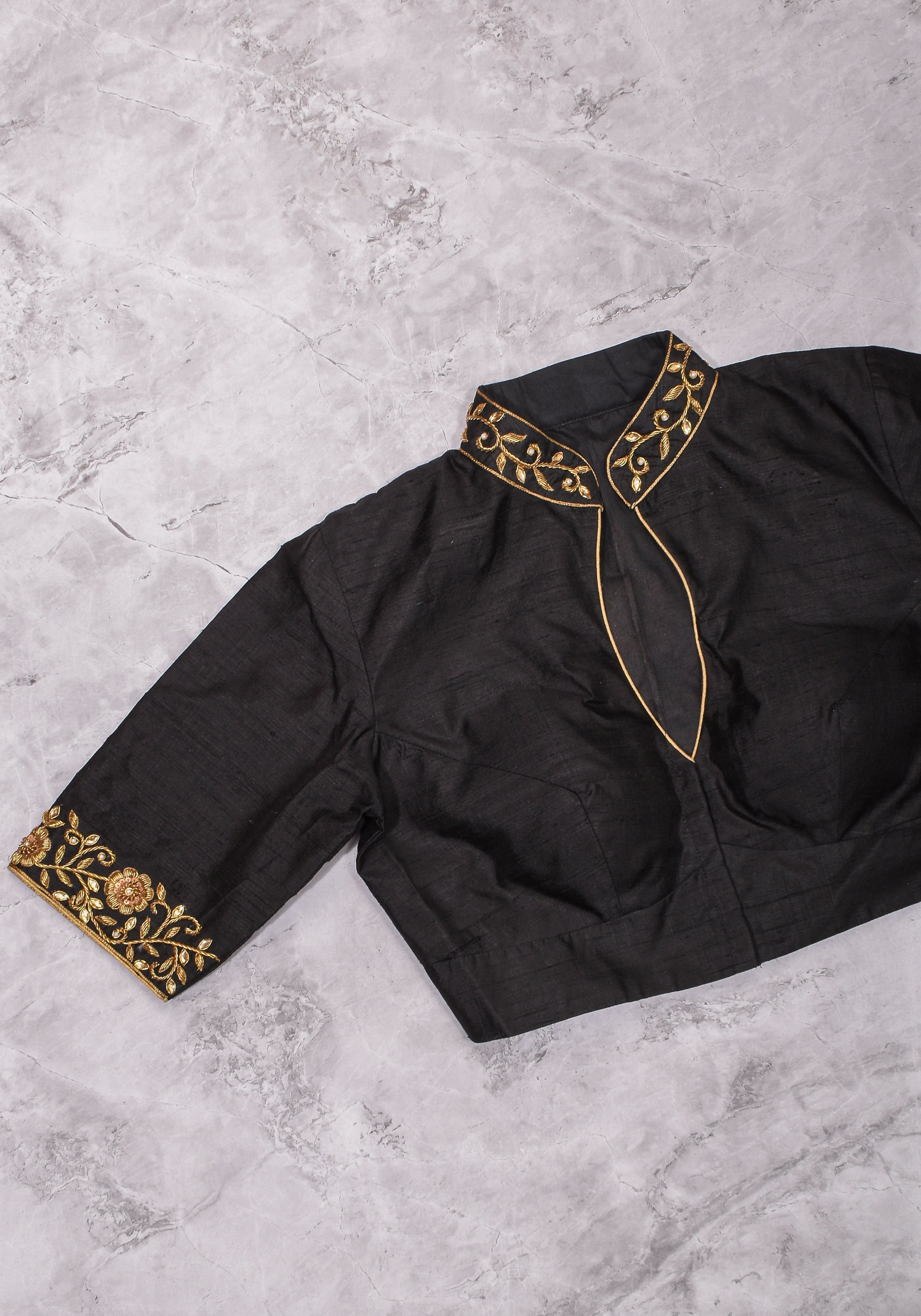 Black Raw Silk Blouse with Collar Neck and Zardosi Work   Mix and Match Blouse for saree, Made to Order | Shobitam