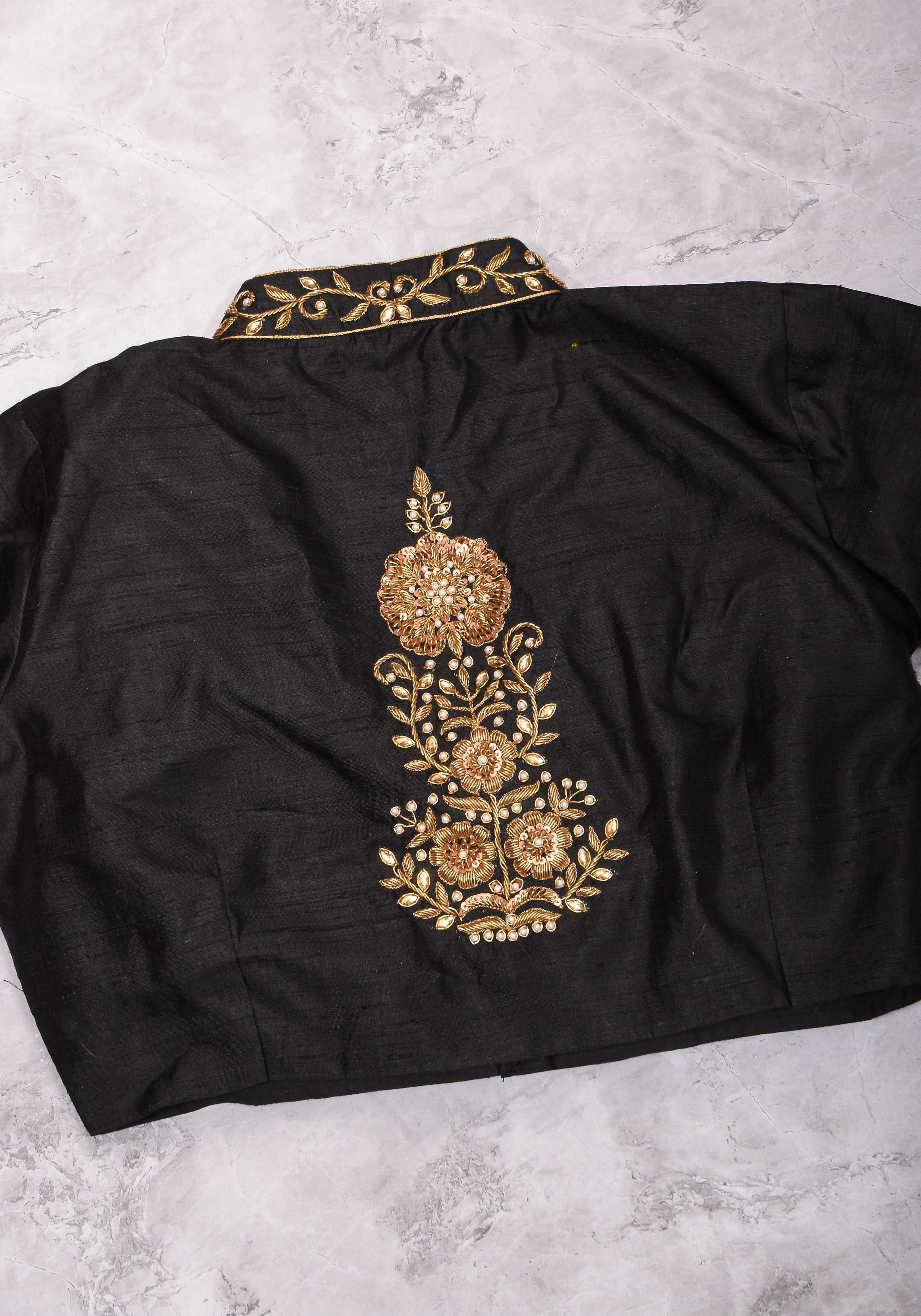 Black Raw Silk Blouse with Collar Neck and Zardosi Work   Mix and Match Blouse for saree, Made to Order | Shobitam