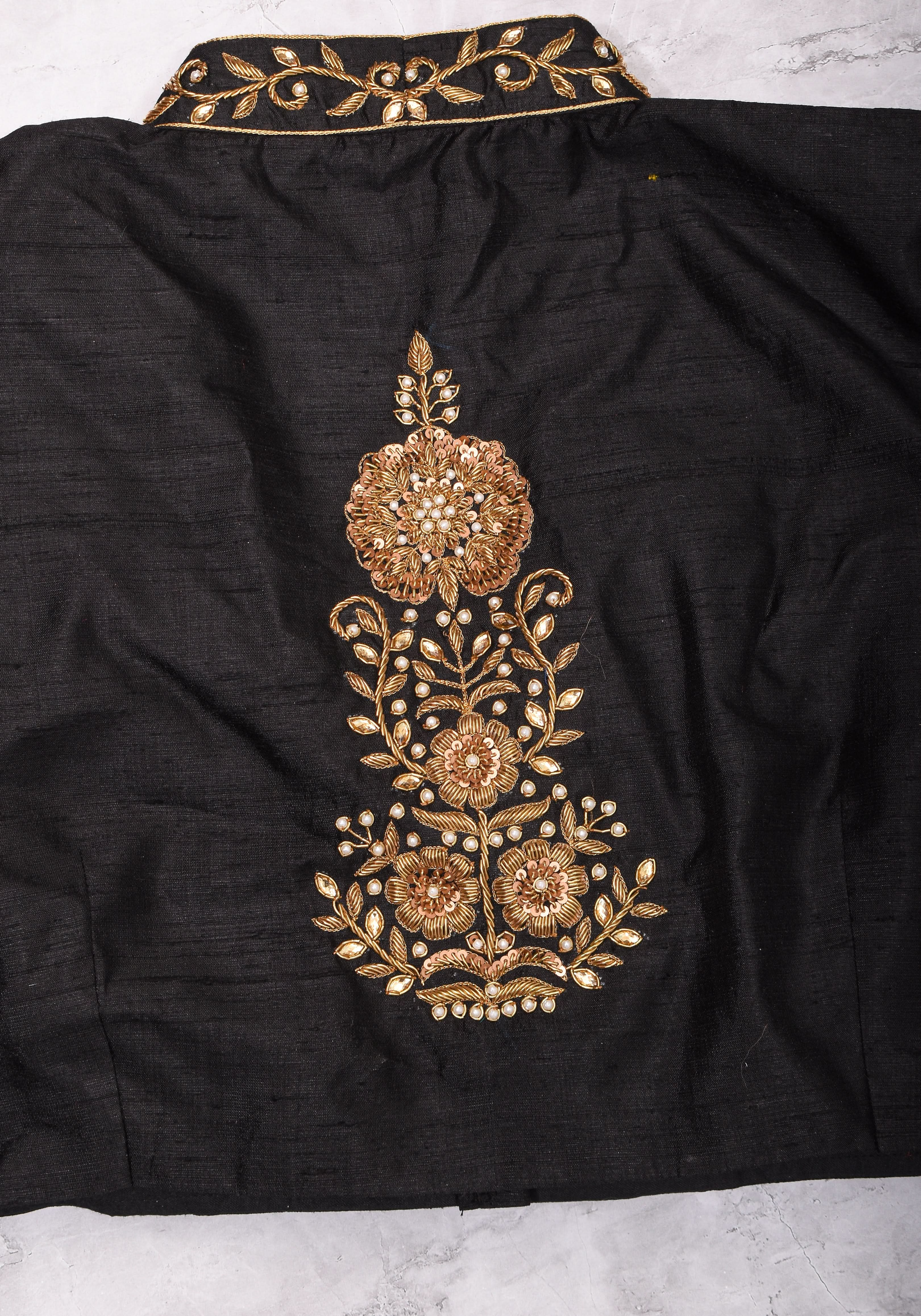 Black Raw Silk Blouse with Collar Neck and Zardosi Work   Mix and Match Blouse for saree, Made to Order | Shobitam