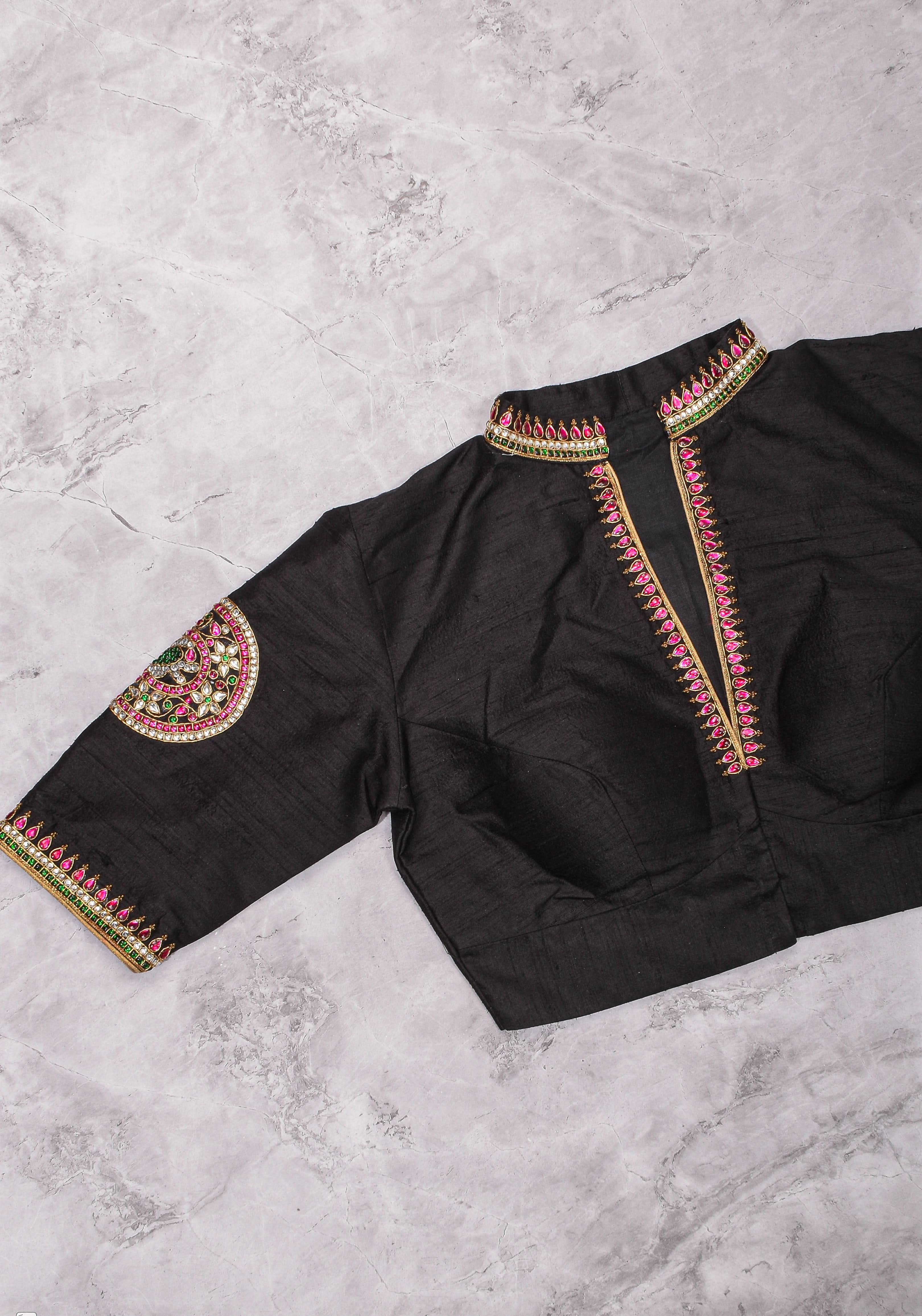 Black Raw Silk Blouse with Collar neck with Jadau Mandala Design, Made to Order | Shobitam