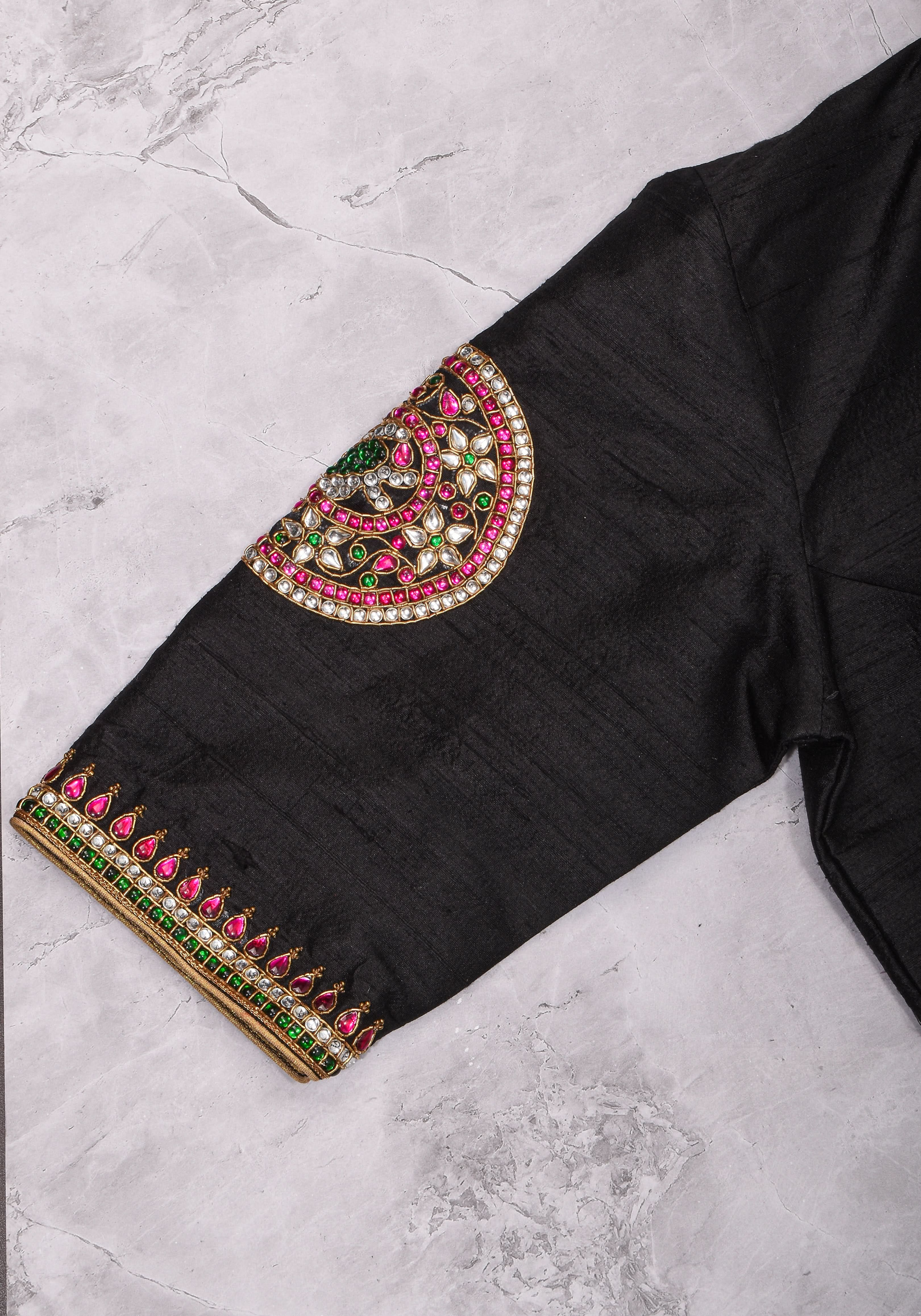 Black Raw Silk Blouse with Collar neck with Jadau Mandala Design, Made to Order | Shobitam