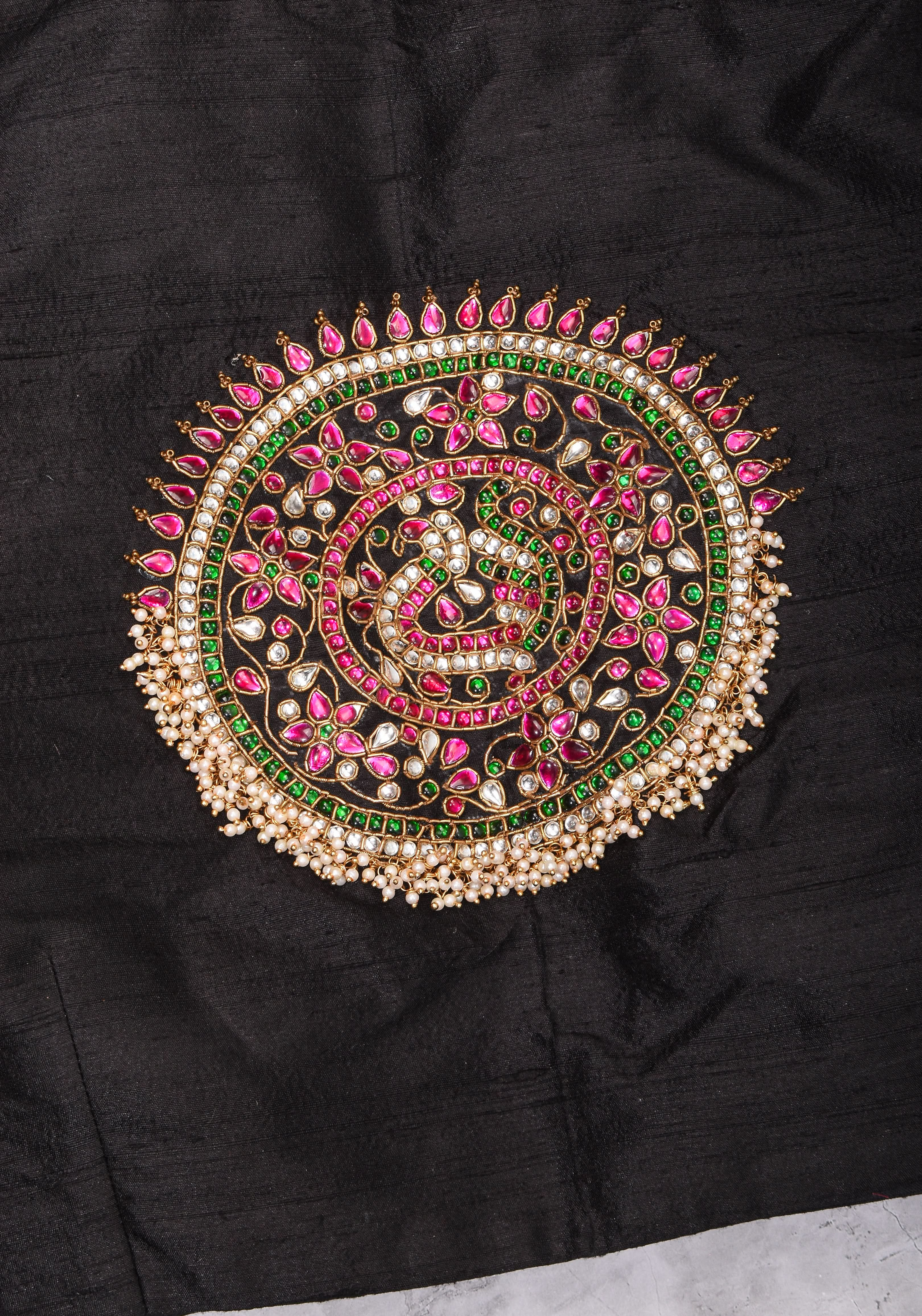 Black Raw Silk Blouse with Collar neck with Jadau Mandala Design, Made to Order | Shobitam