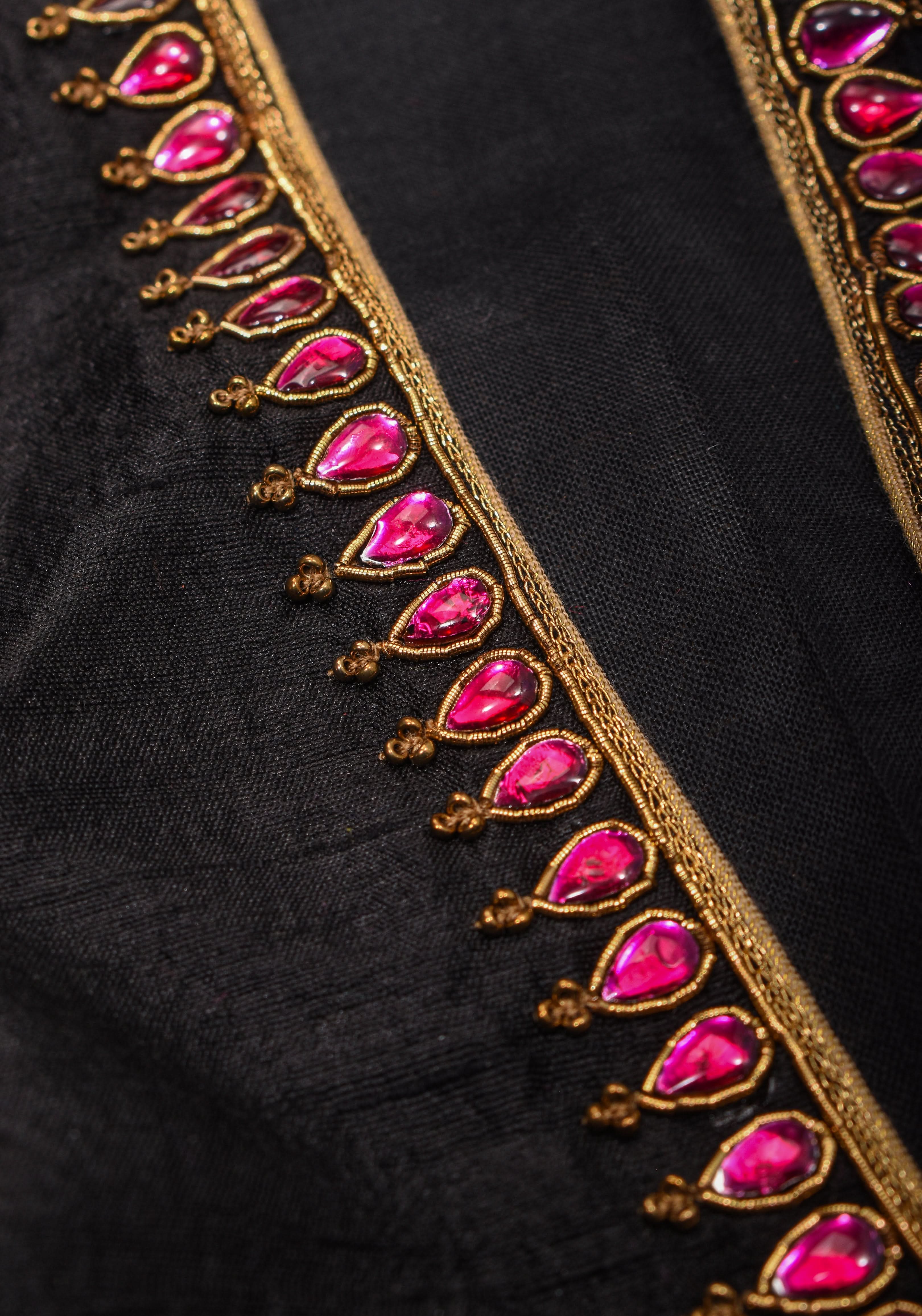 Black Raw Silk Blouse with Collar neck with Jadau Mandala Design, Made to Order | Shobitam