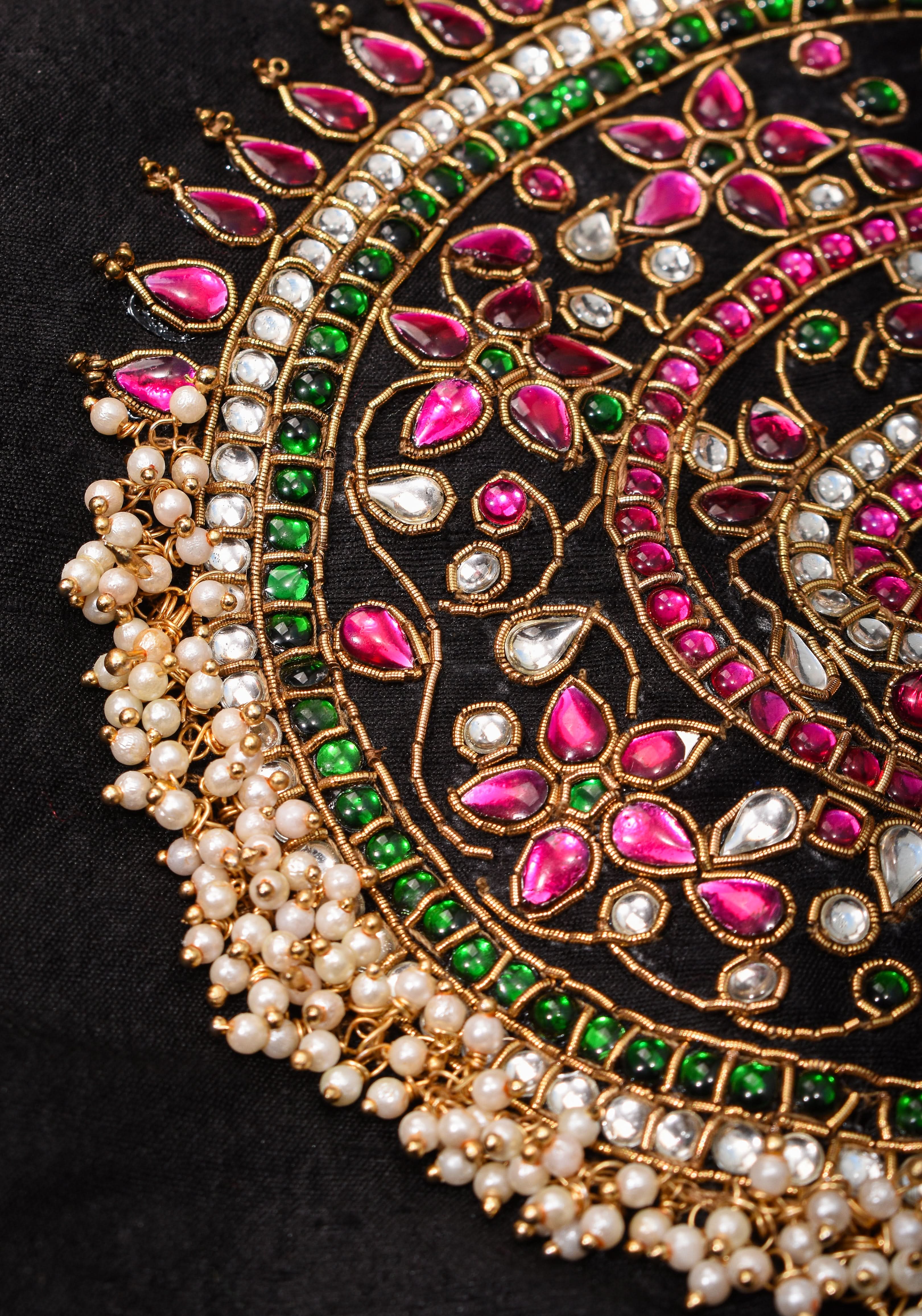 Black Raw Silk Blouse with Collar neck with Jadau Mandala Design, Made to Order | Shobitam