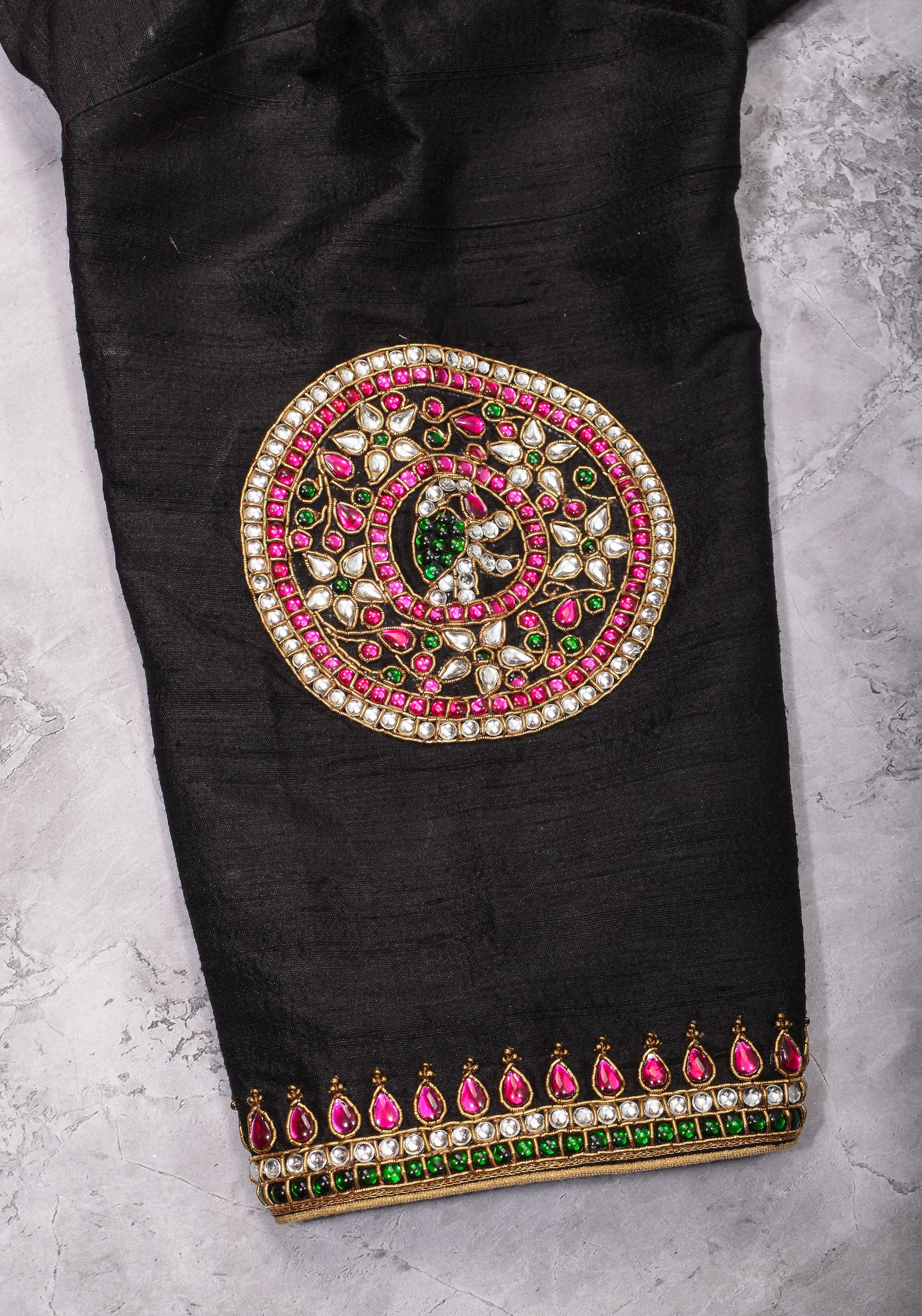 Black Raw Silk Blouse with Collar neck with Jadau Mandala Design, Made to Order | Shobitam
