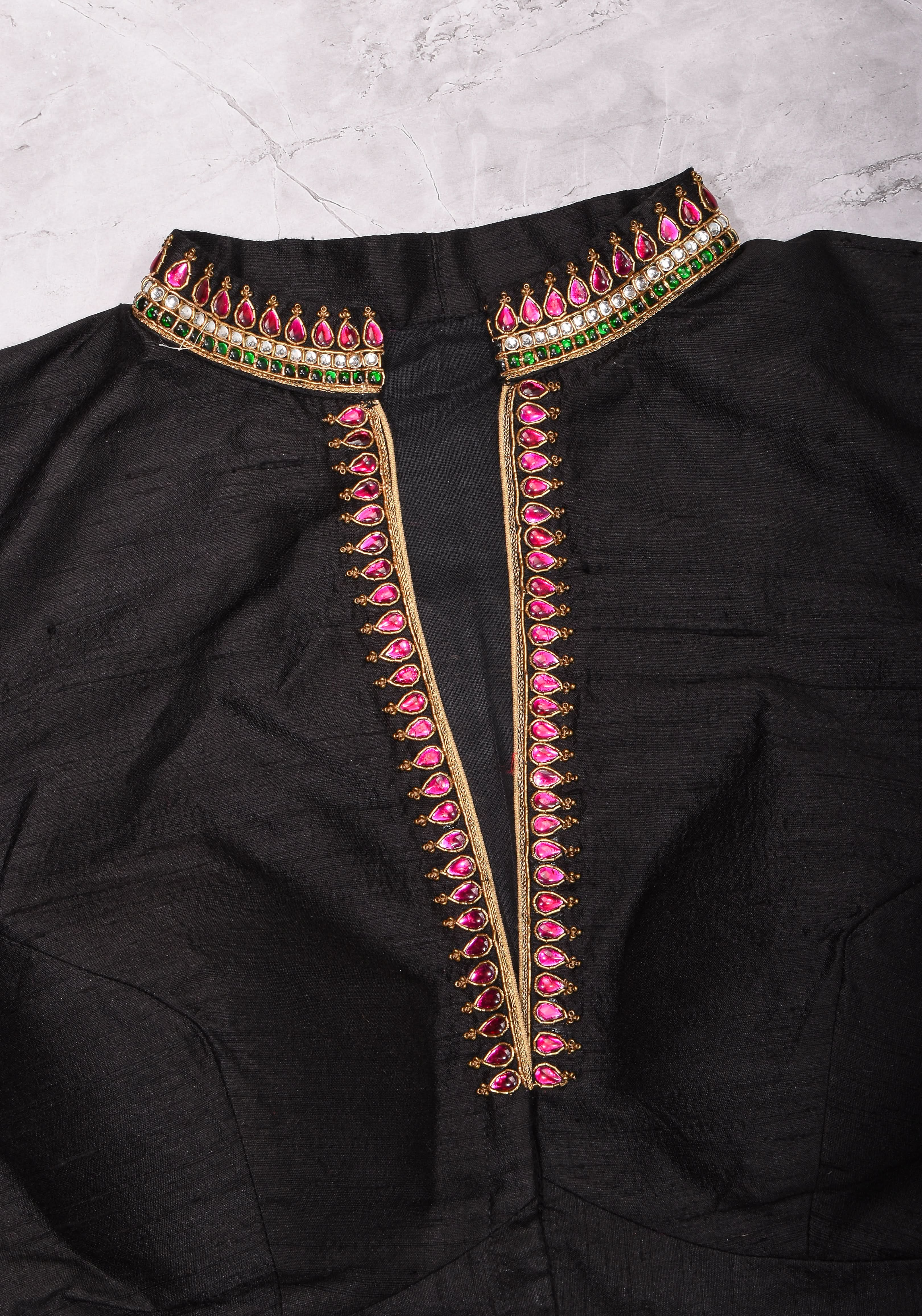 Black Raw Silk Blouse with Collar neck with Jadau Mandala Design, Made to Order | Shobitam