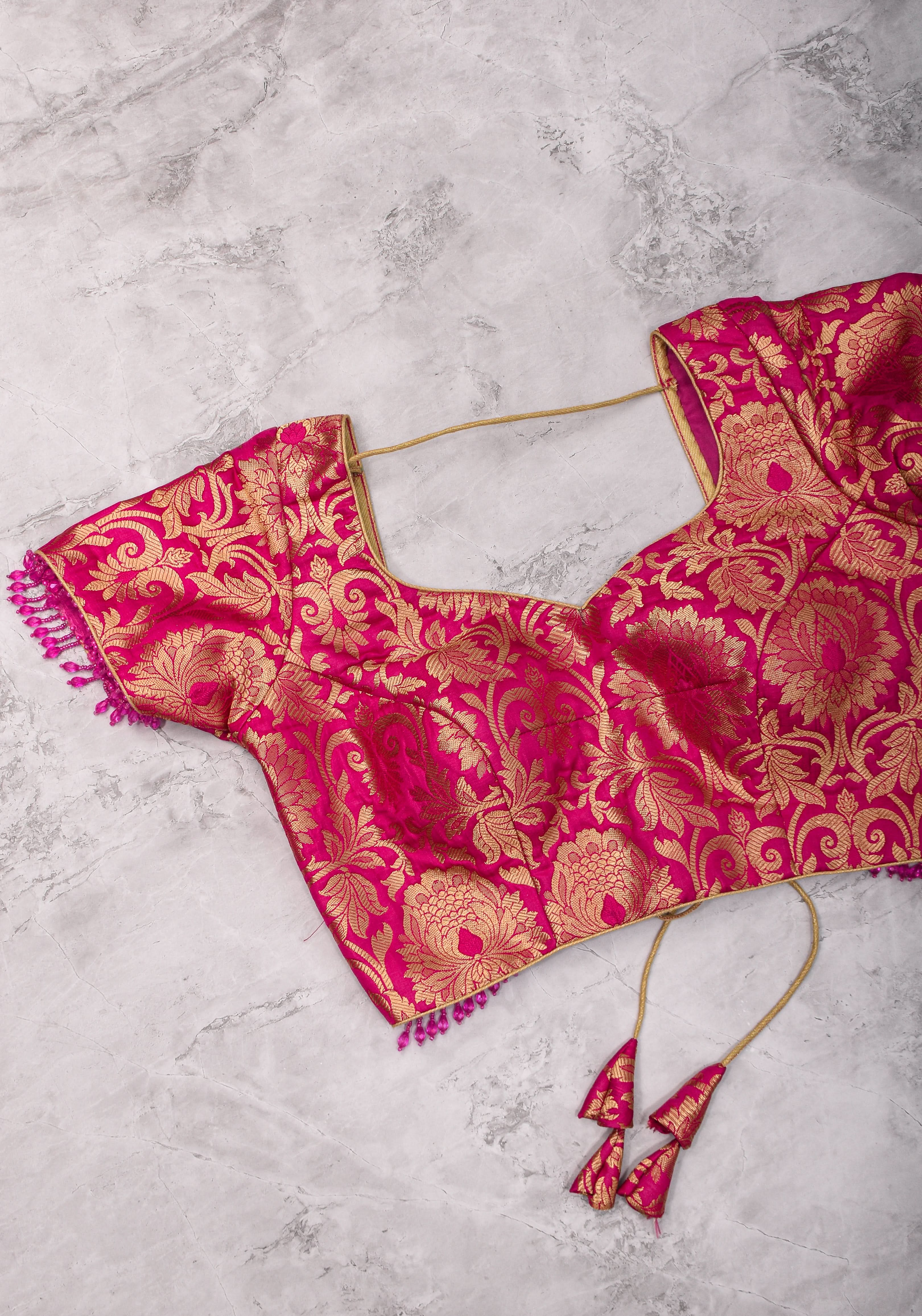 Rani Pink Banarasi Brocade Blouse with Back tie design and dangling beads | Shobitam