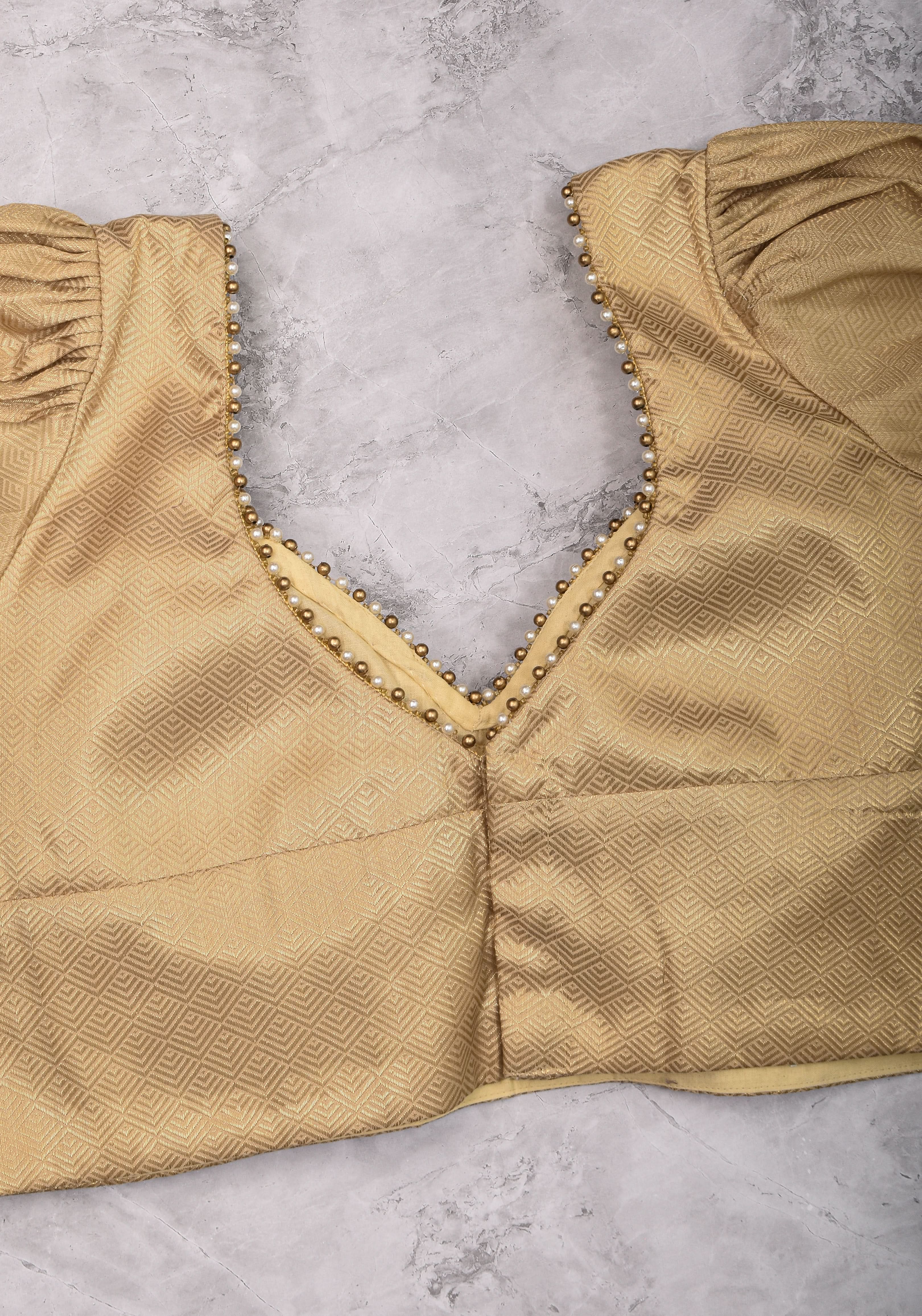 Gold tone sweetheart neck blouse with puff sleeves with beads detailing | Made to Order | Shobitam