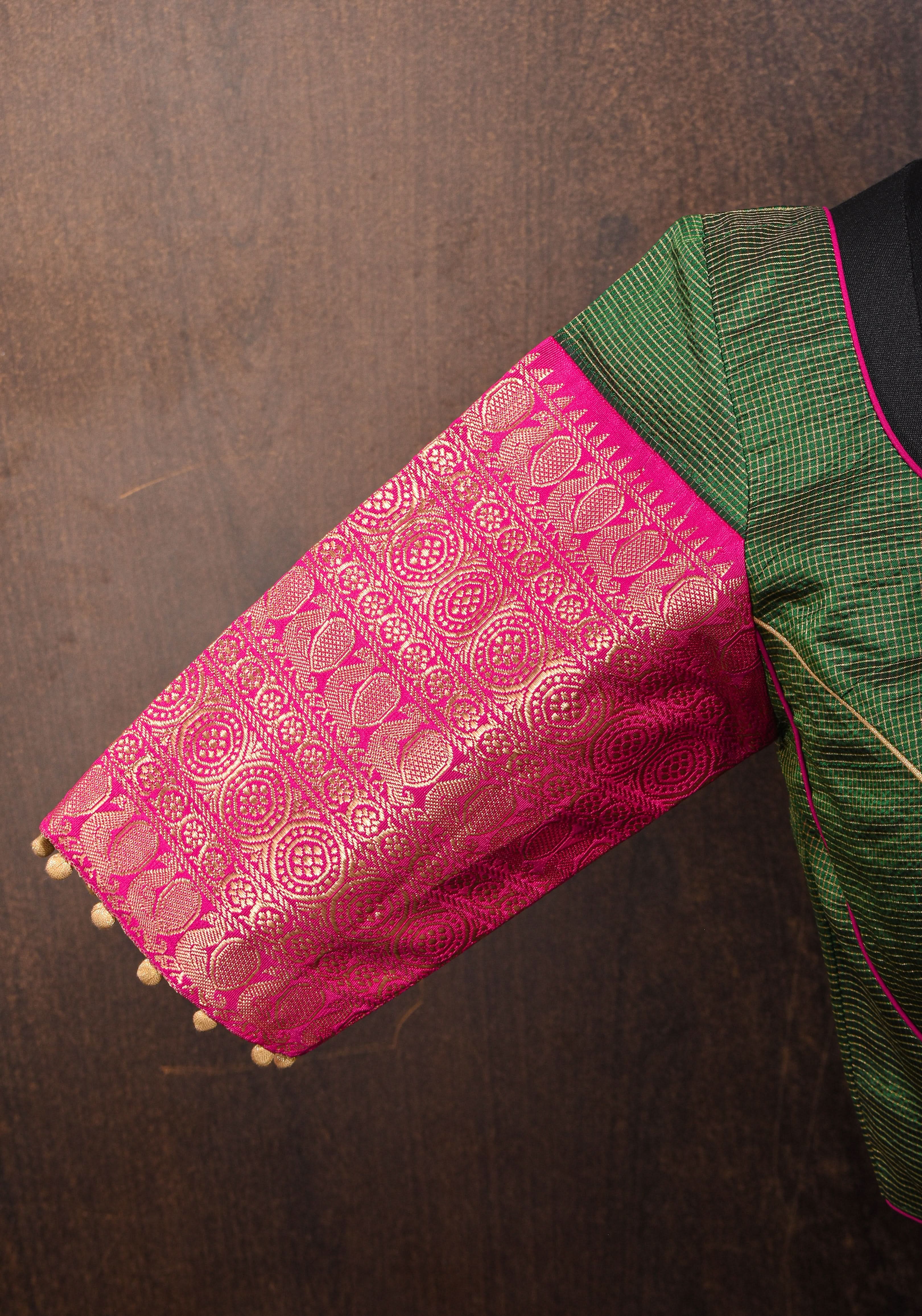 Kanjivaram Silk Blouse with Zari Checks detailing and wide Pink Border | Shobitam
