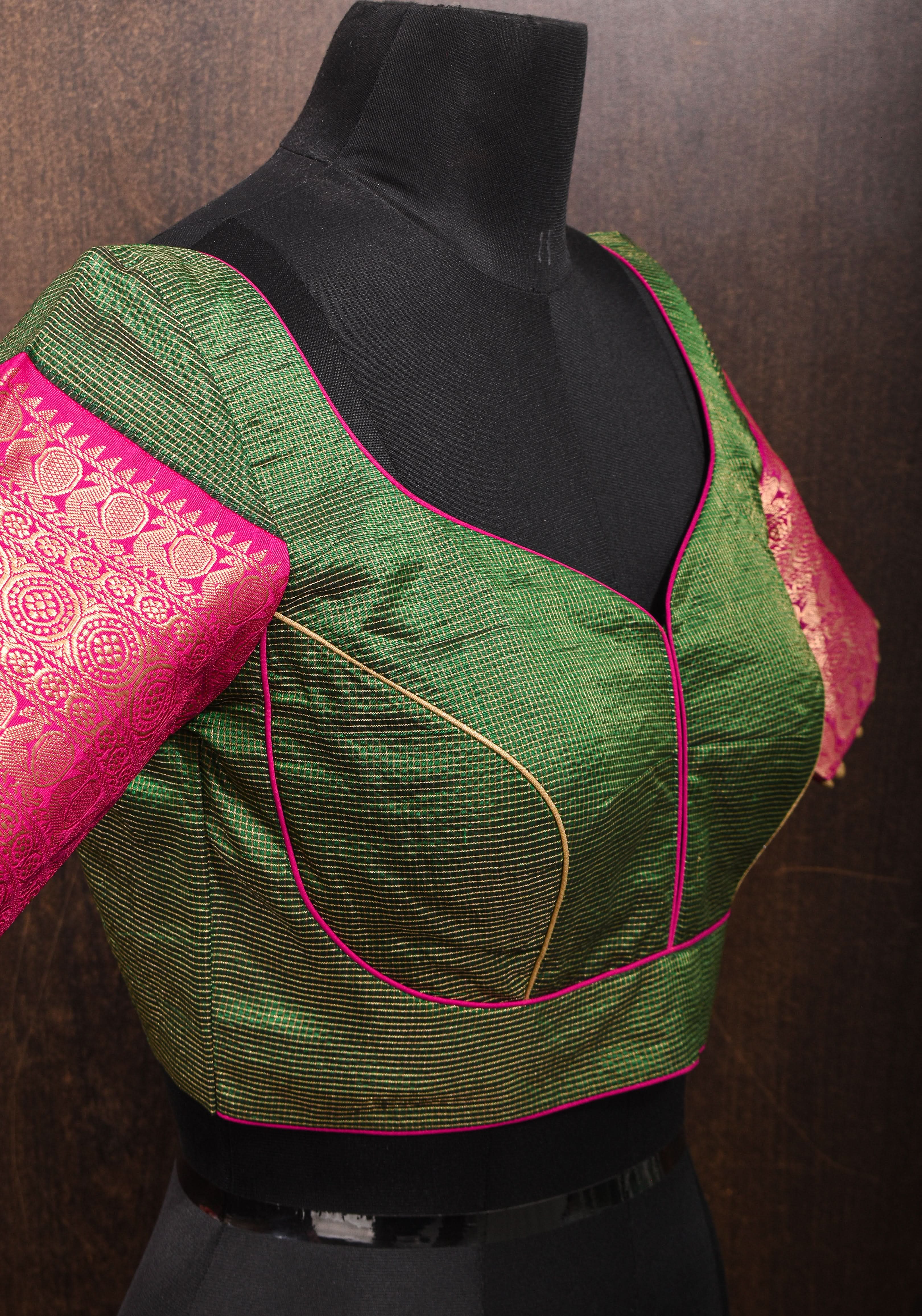Kanjivaram Silk Blouse with Zari Checks detailing and wide Pink Border | Shobitam