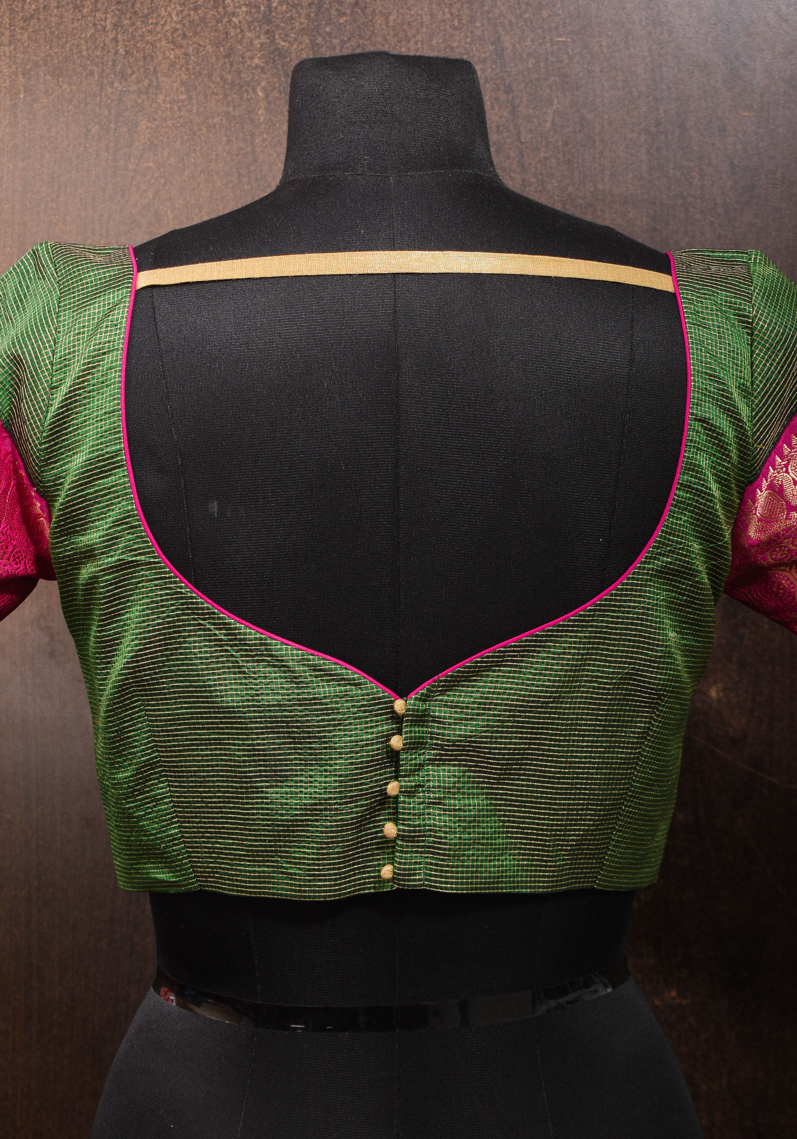 Kanjivaram Silk Blouse with Zari Checks detailing and wide Pink Border | Shobitam