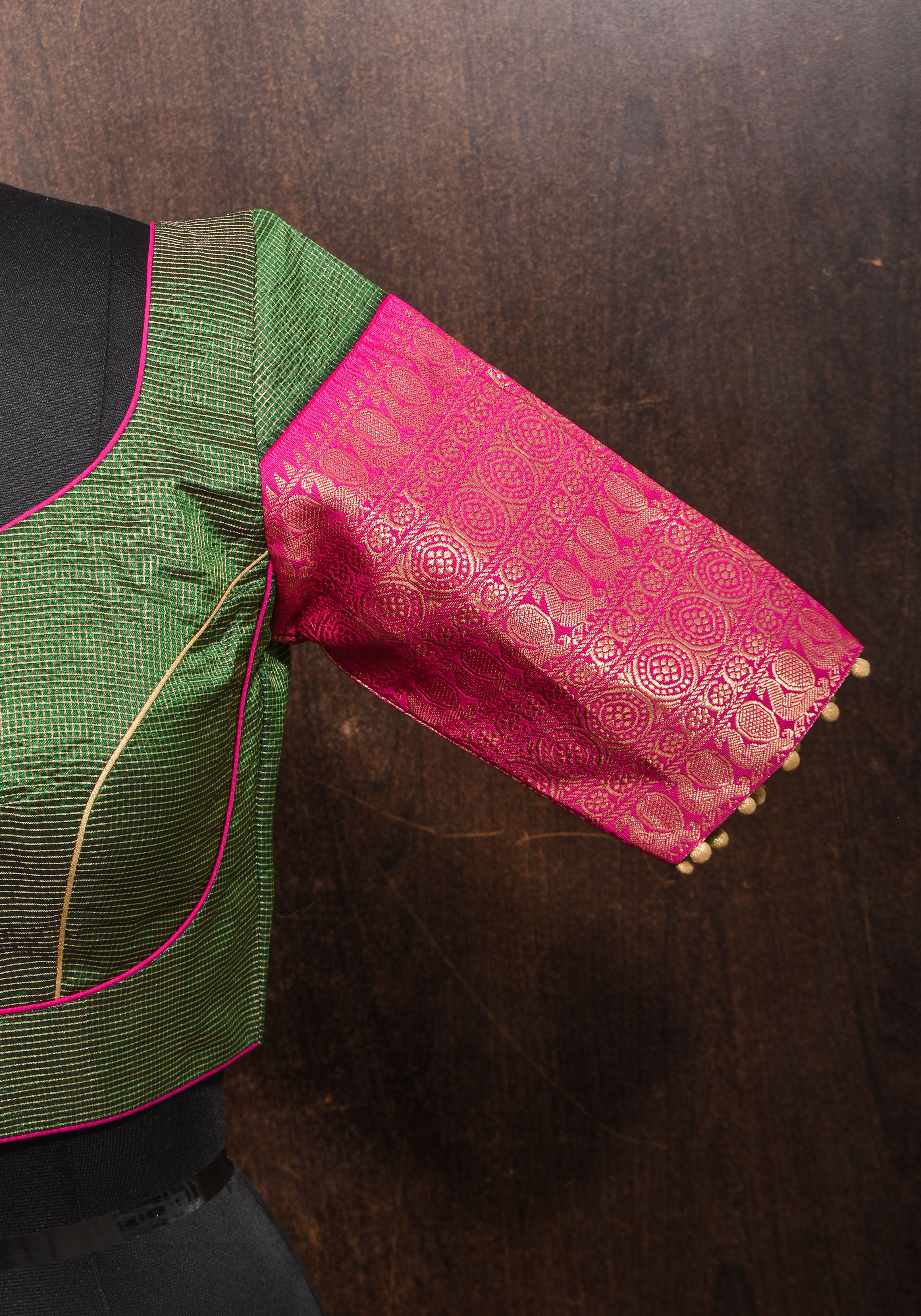 Kanjivaram Silk Blouse with Zari Checks detailing and wide Pink Border | Shobitam