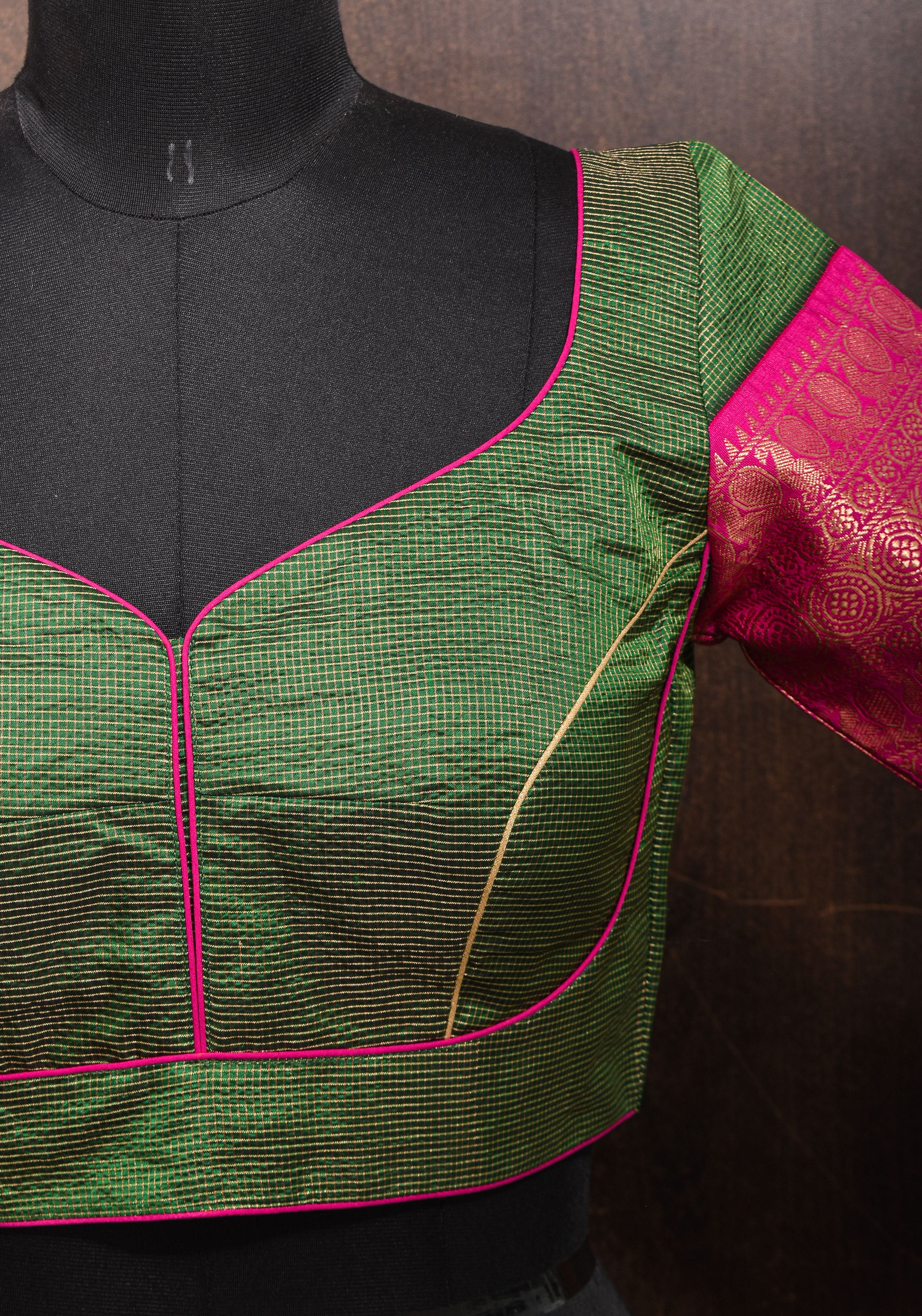 Kanjivaram Silk Blouse with Zari Checks detailing and wide Pink Border | Shobitam