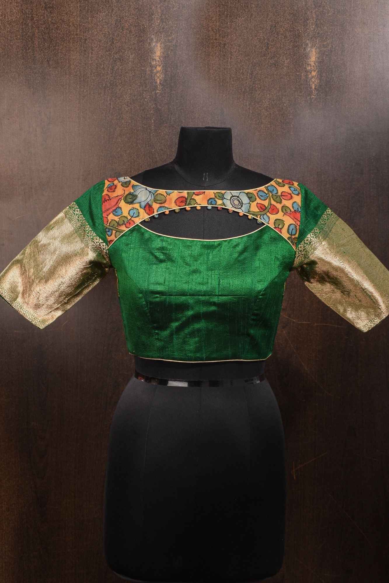 Pure Raw Silk Blouse in Emerlad Green with Kalamkari Yoke Cutout pattern