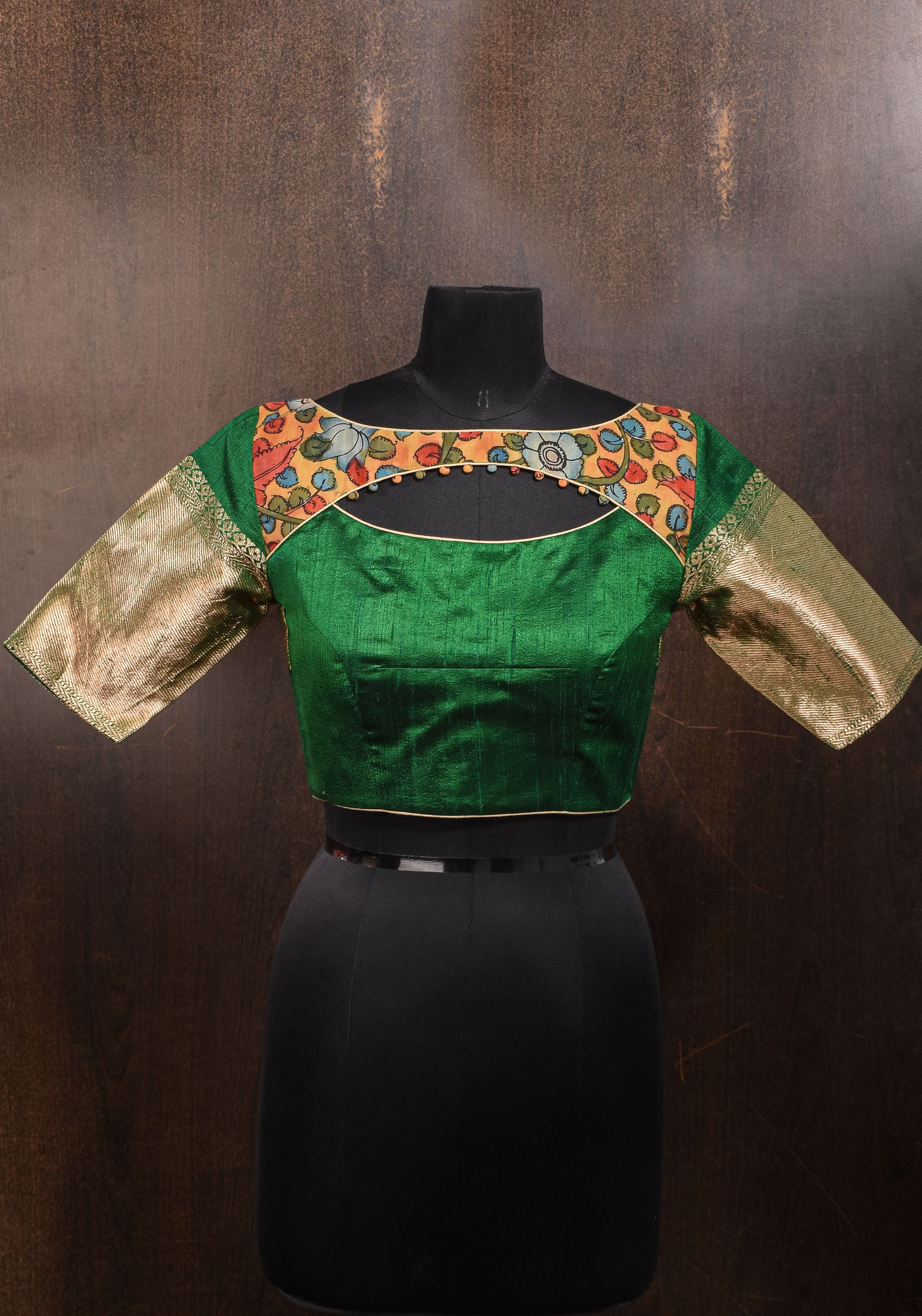 Pure Raw Silk Blouse in Emerlad Green with Kalamkari Yoke Cutout pattern | Shobitam