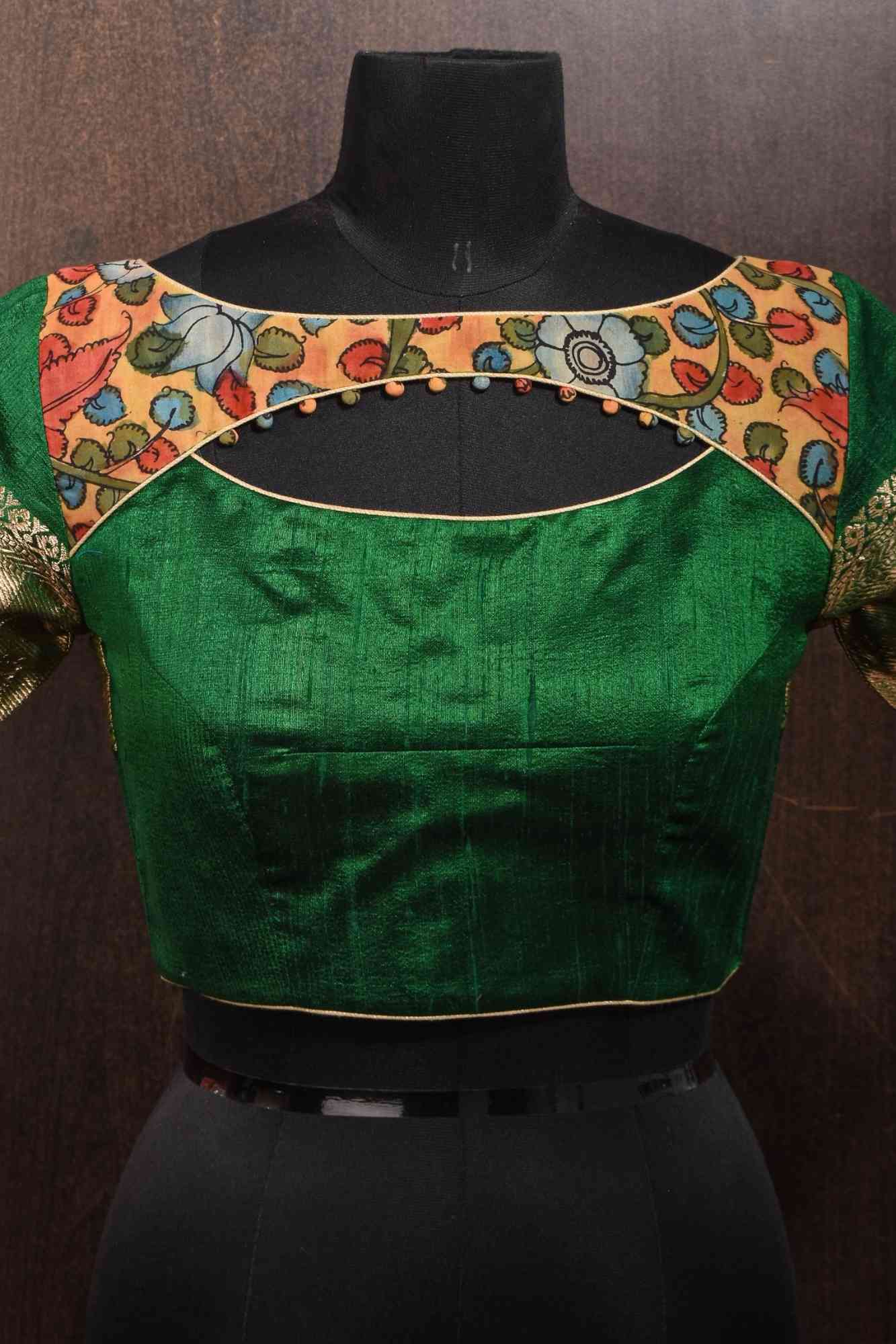 Pure Raw Silk Blouse in Emerlad Green with Kalamkari Yoke Cutout pattern