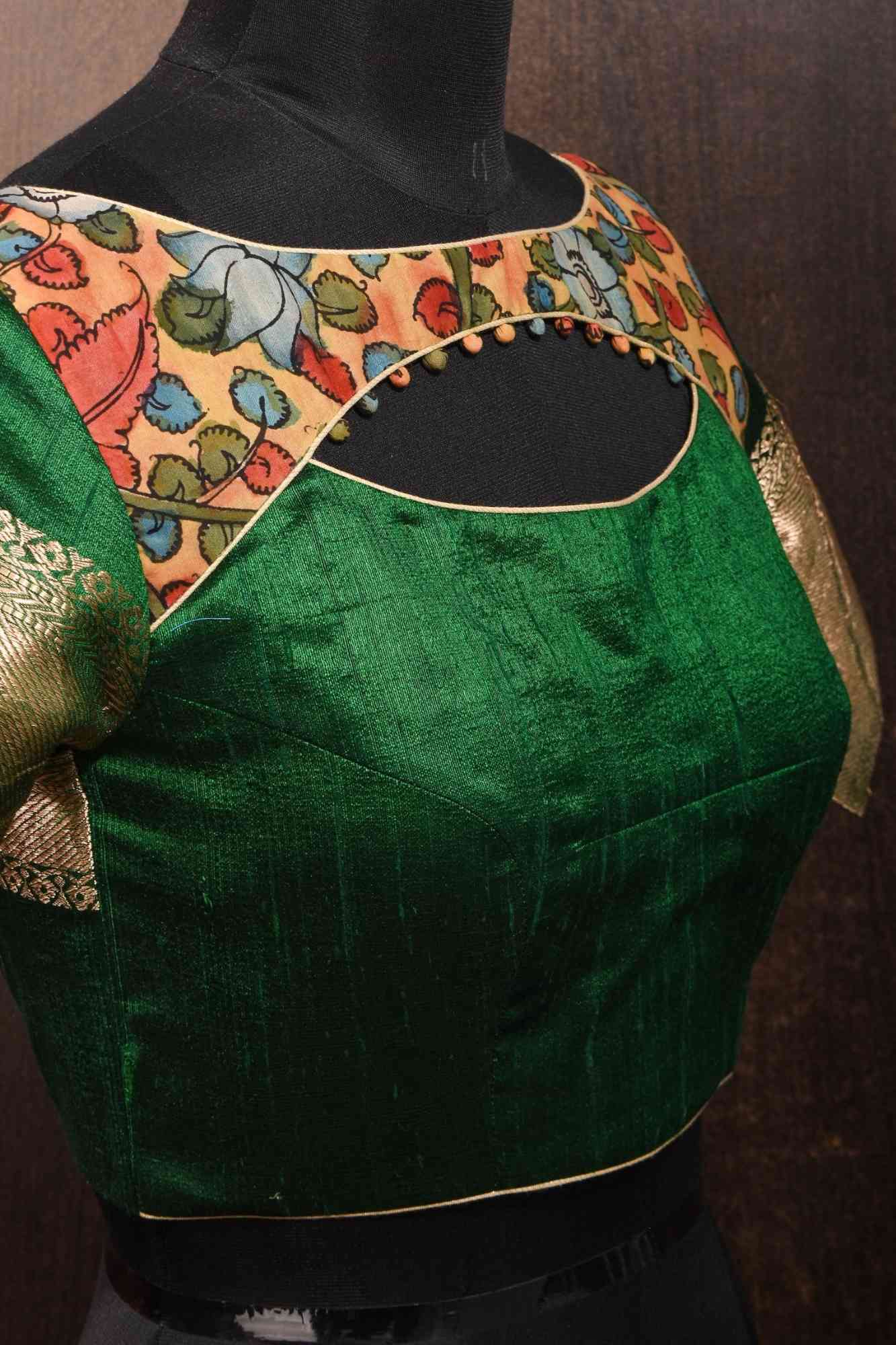 Pure Raw Silk Blouse in Emerlad Green with Kalamkari Yoke Cutout pattern
