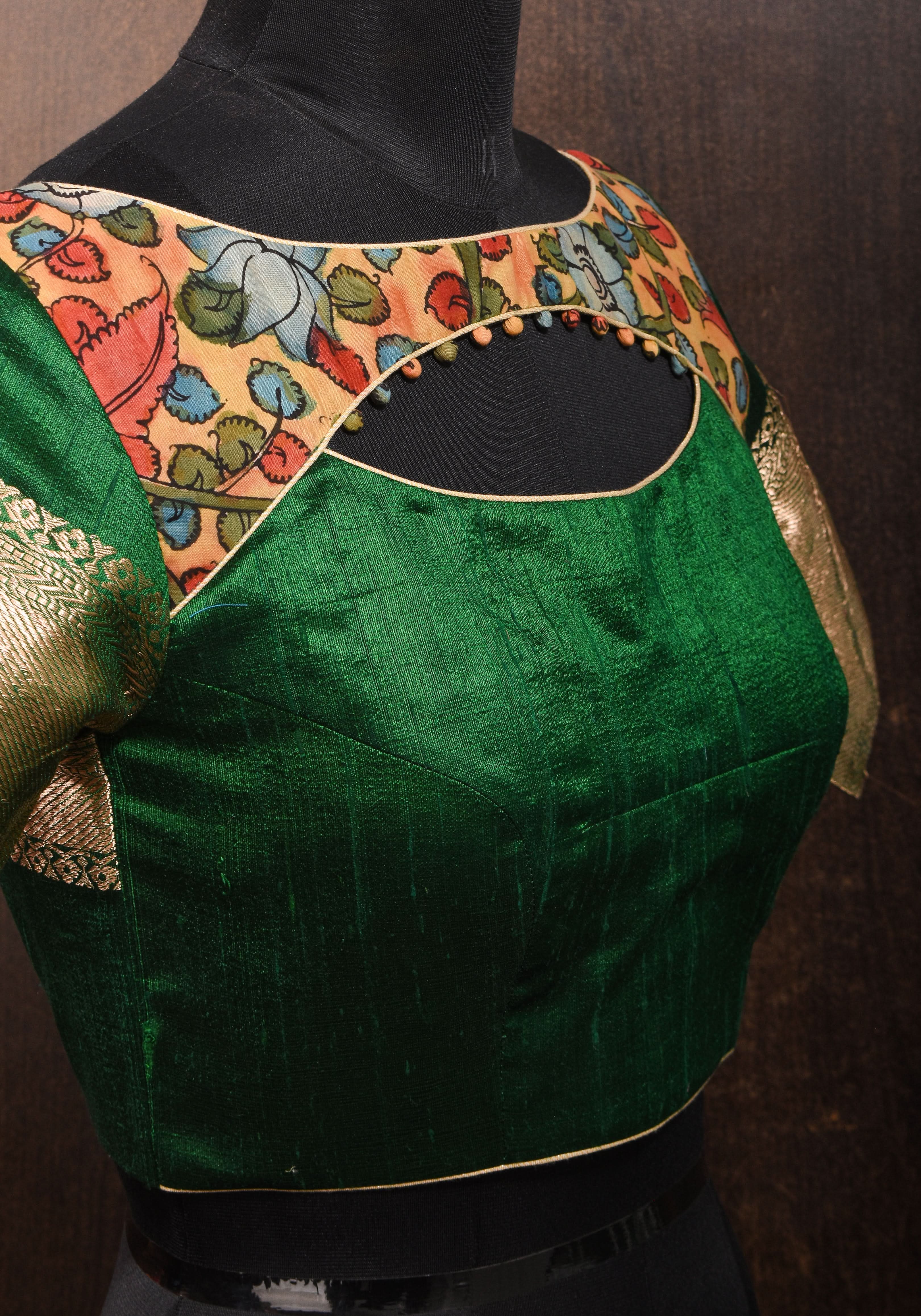 Pure Raw Silk Blouse in Emerlad Green with Kalamkari Yoke Cutout pattern | Shobitam