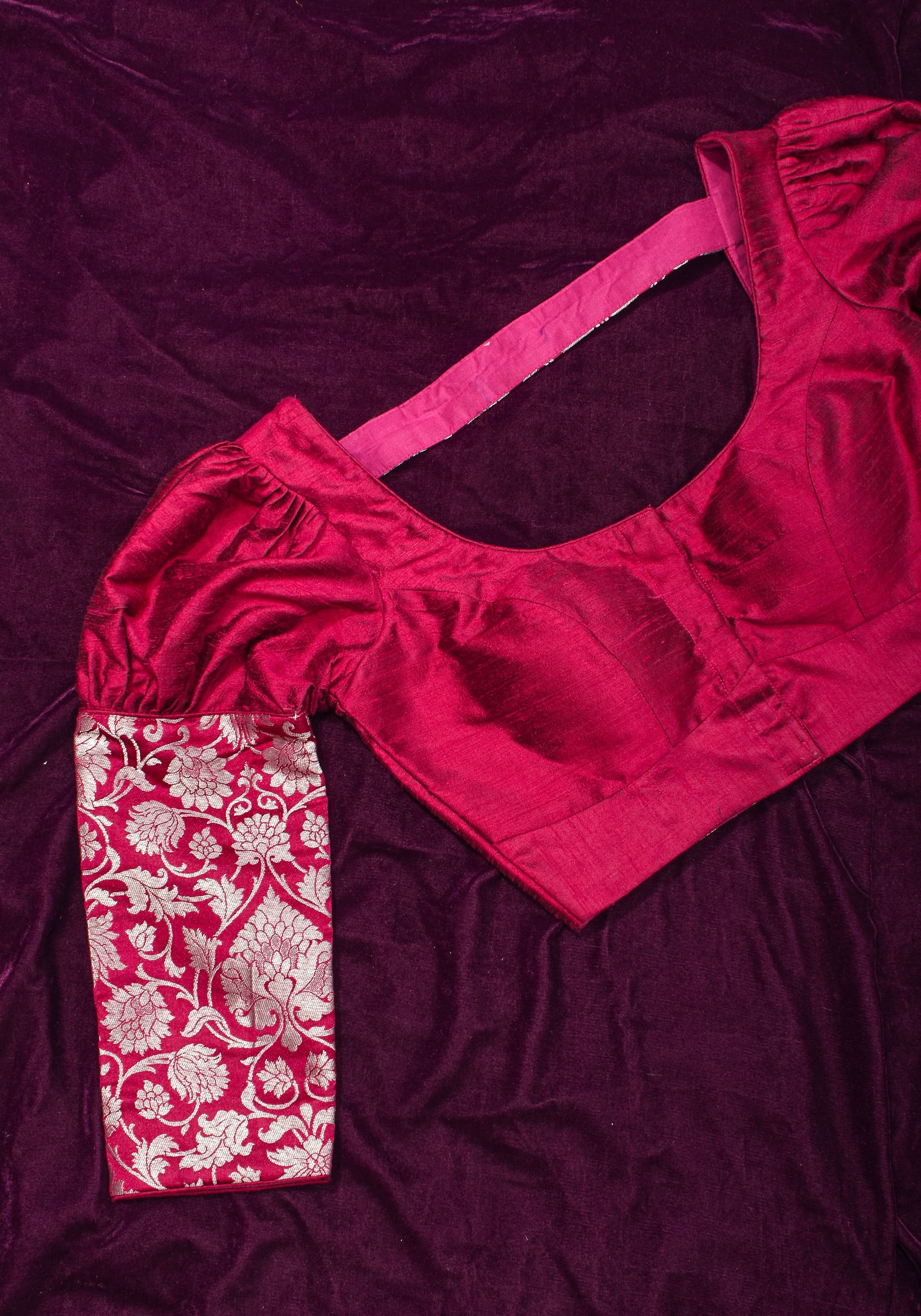 Made To Order: Magenta Pure Raw Silk Blouse with Puff Sleeves and Banarasi Brocade Detailing | Shobitam