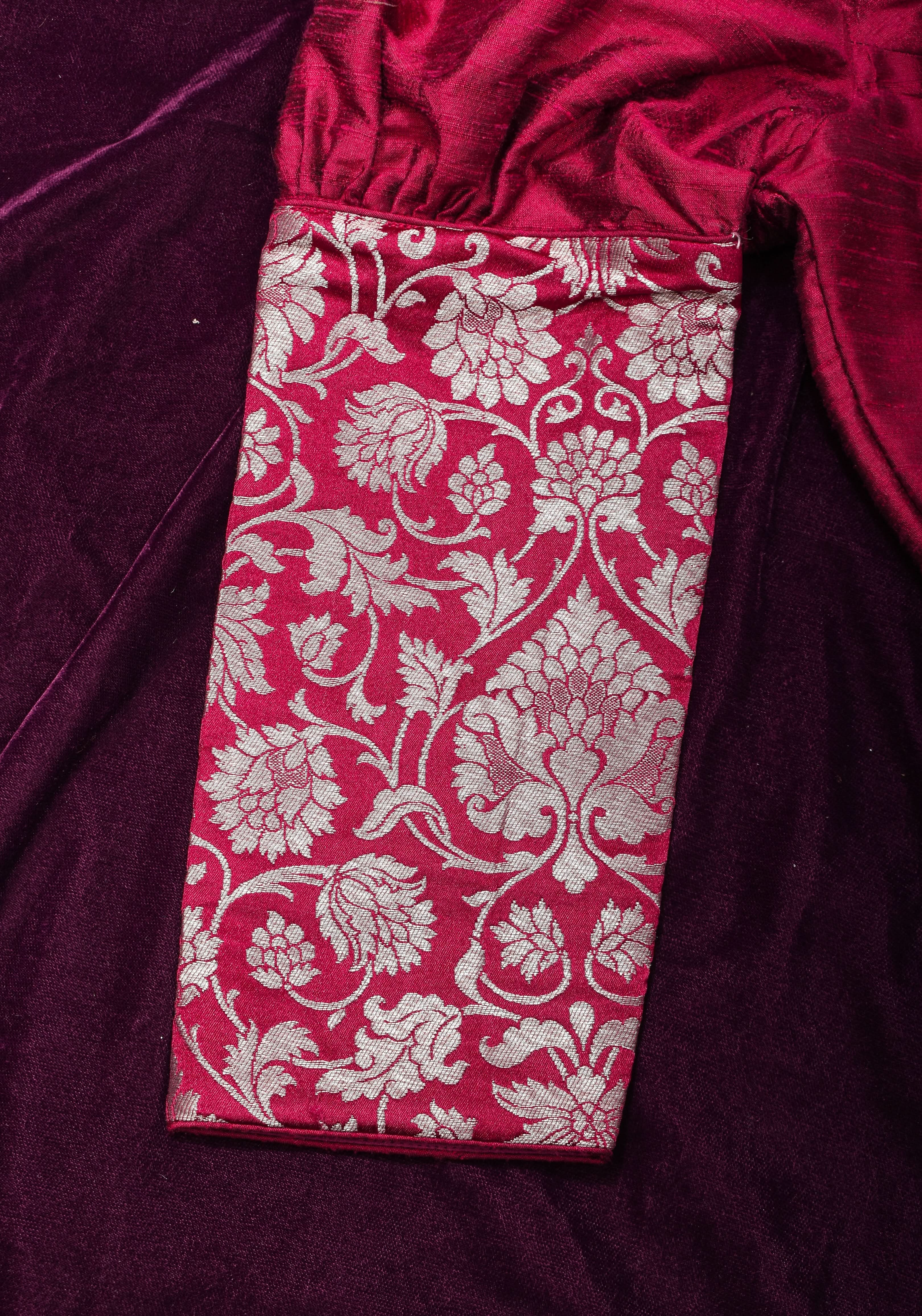 Made To Order: Magenta Pure Raw Silk Blouse with Puff Sleeves and Banarasi Brocade Detailing | Shobitam