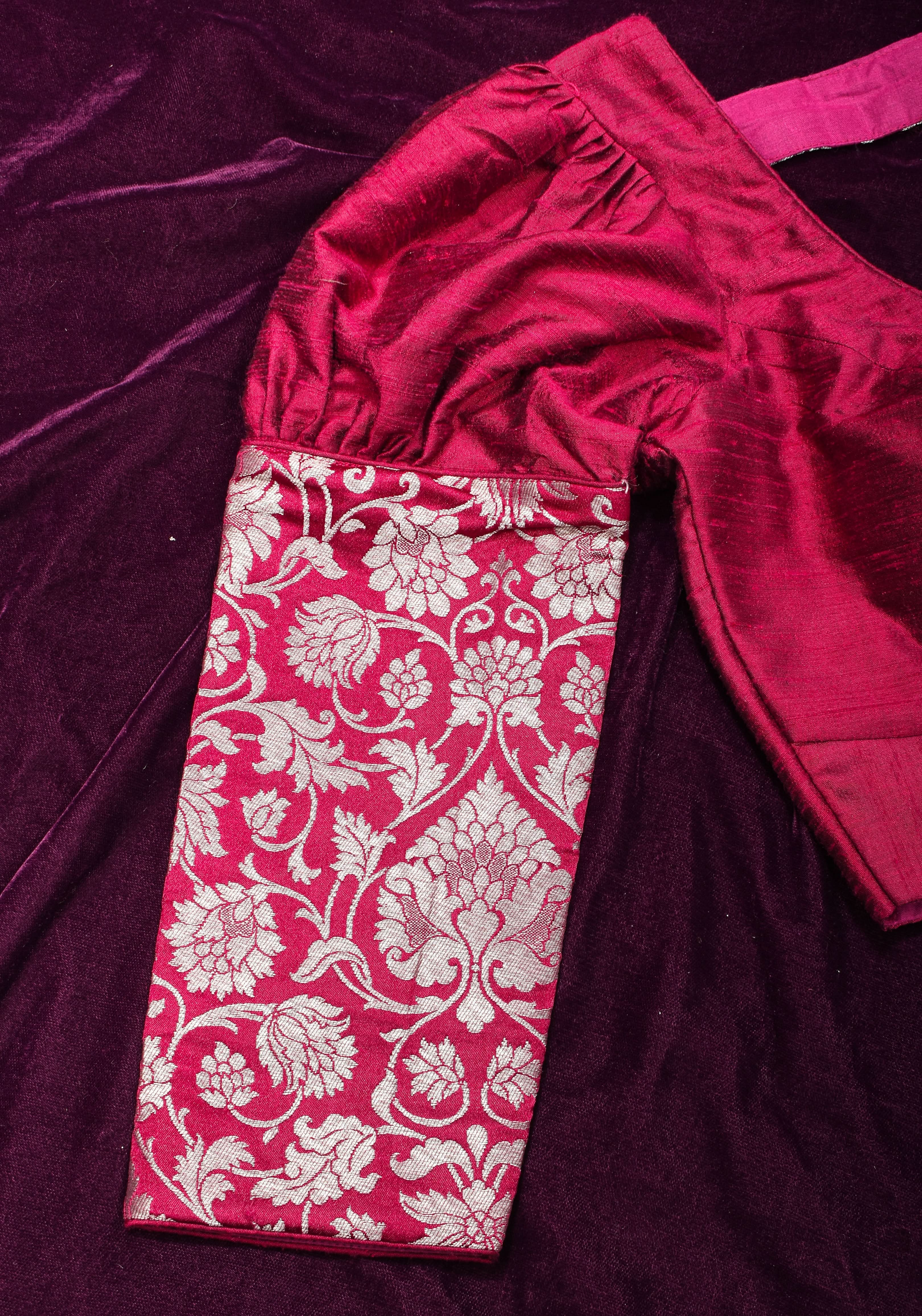 Made To Order: Magenta Pure Raw Silk Blouse with Puff Sleeves and Banarasi Brocade Detailing | Shobitam