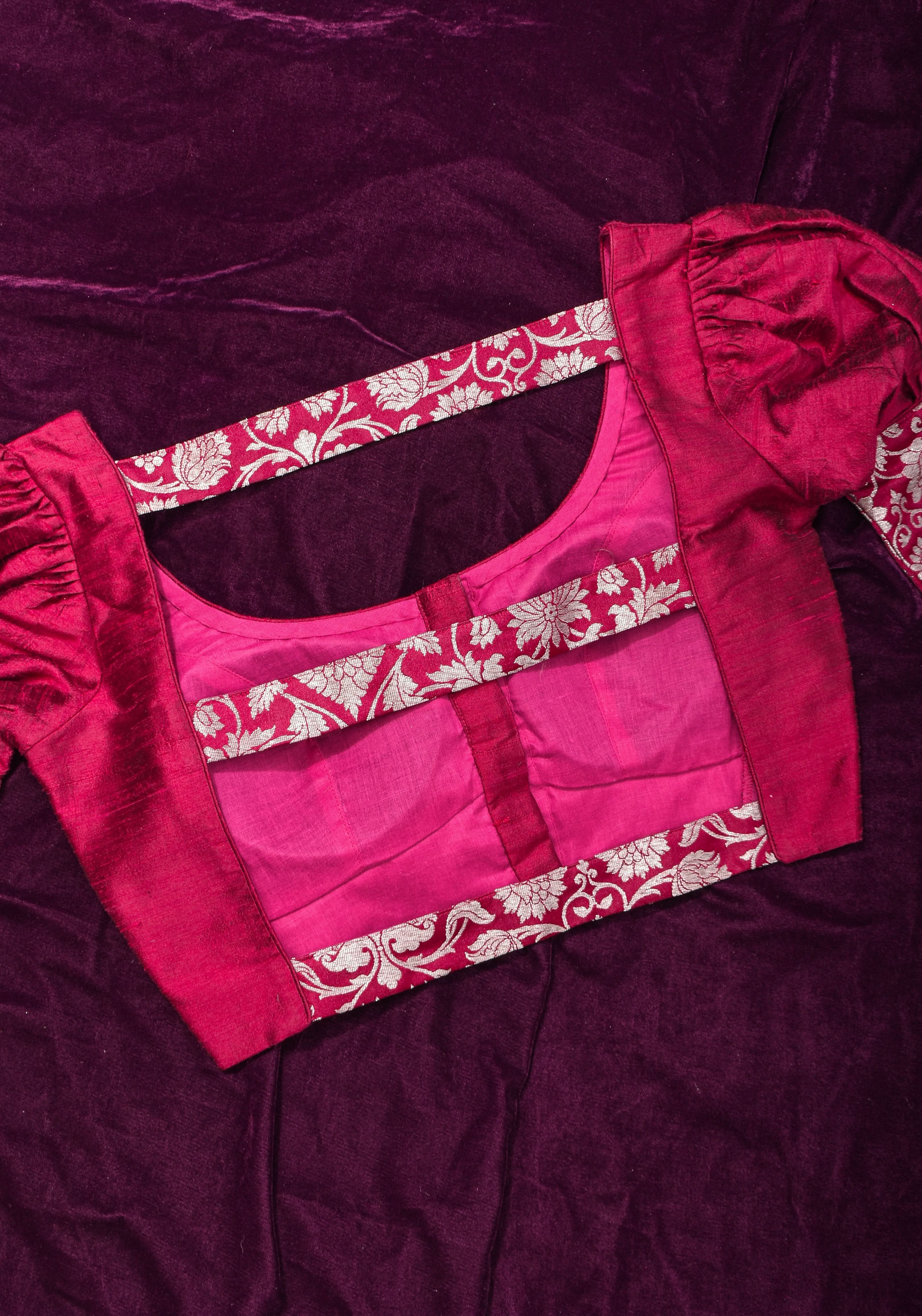 Made To Order: Magenta Pure Raw Silk Blouse with Puff Sleeves and Banarasi Brocade Detailing | Shobitam