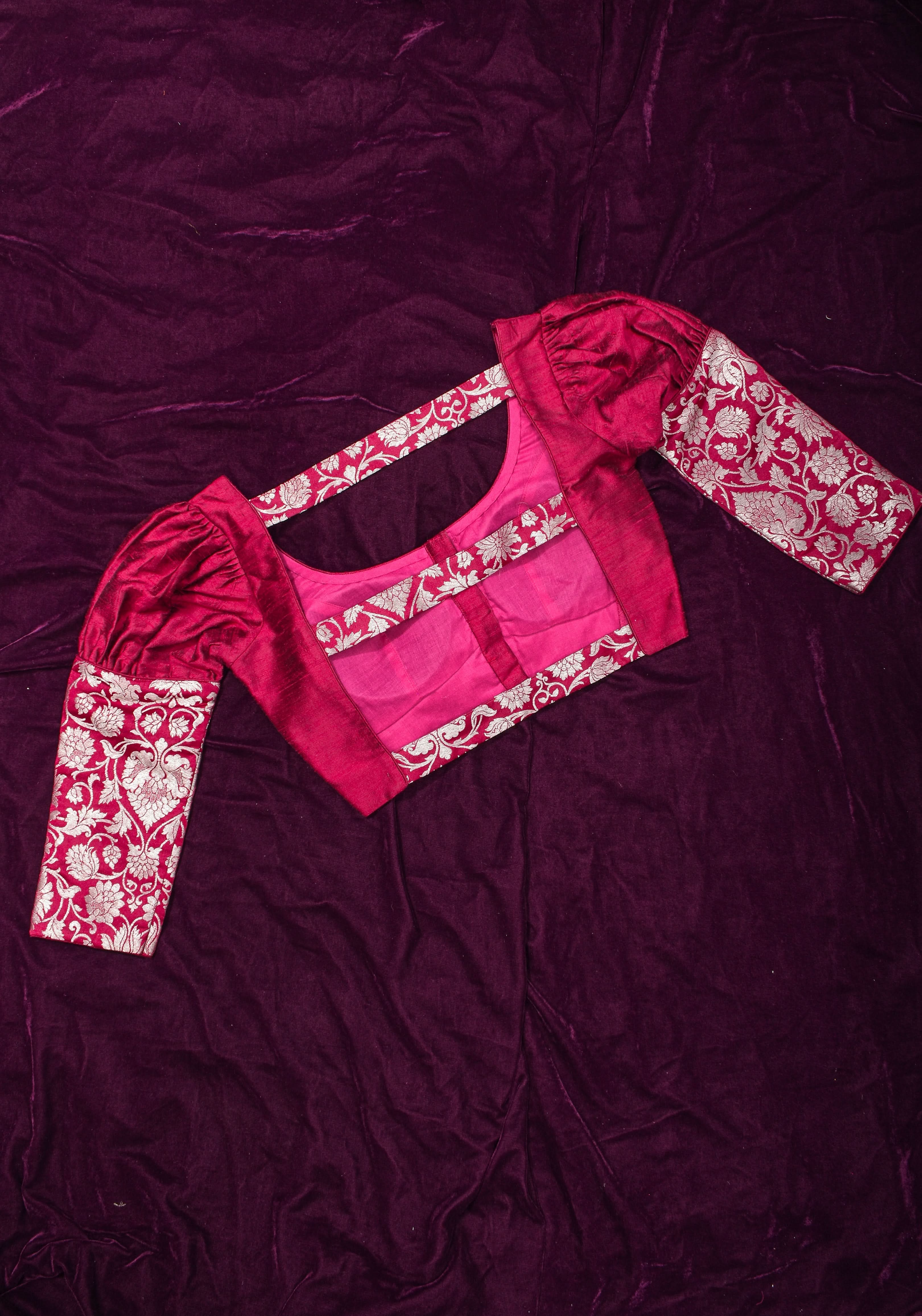 Made To Order: Magenta Pure Raw Silk Blouse with Puff Sleeves and Banarasi Brocade Detailing | Shobitam