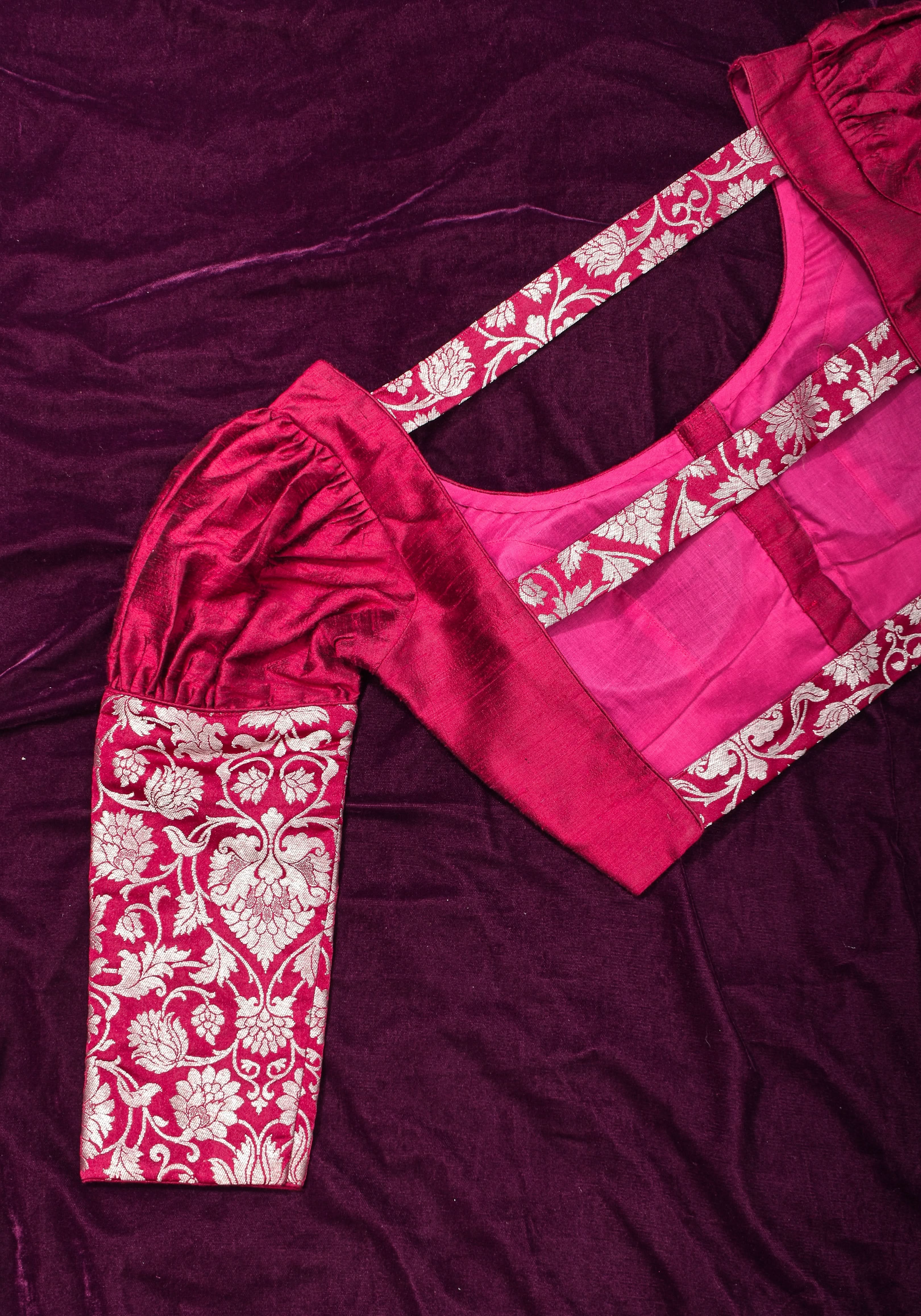 Made To Order: Magenta Pure Raw Silk Blouse with Puff Sleeves and Banarasi Brocade Detailing | Shobitam