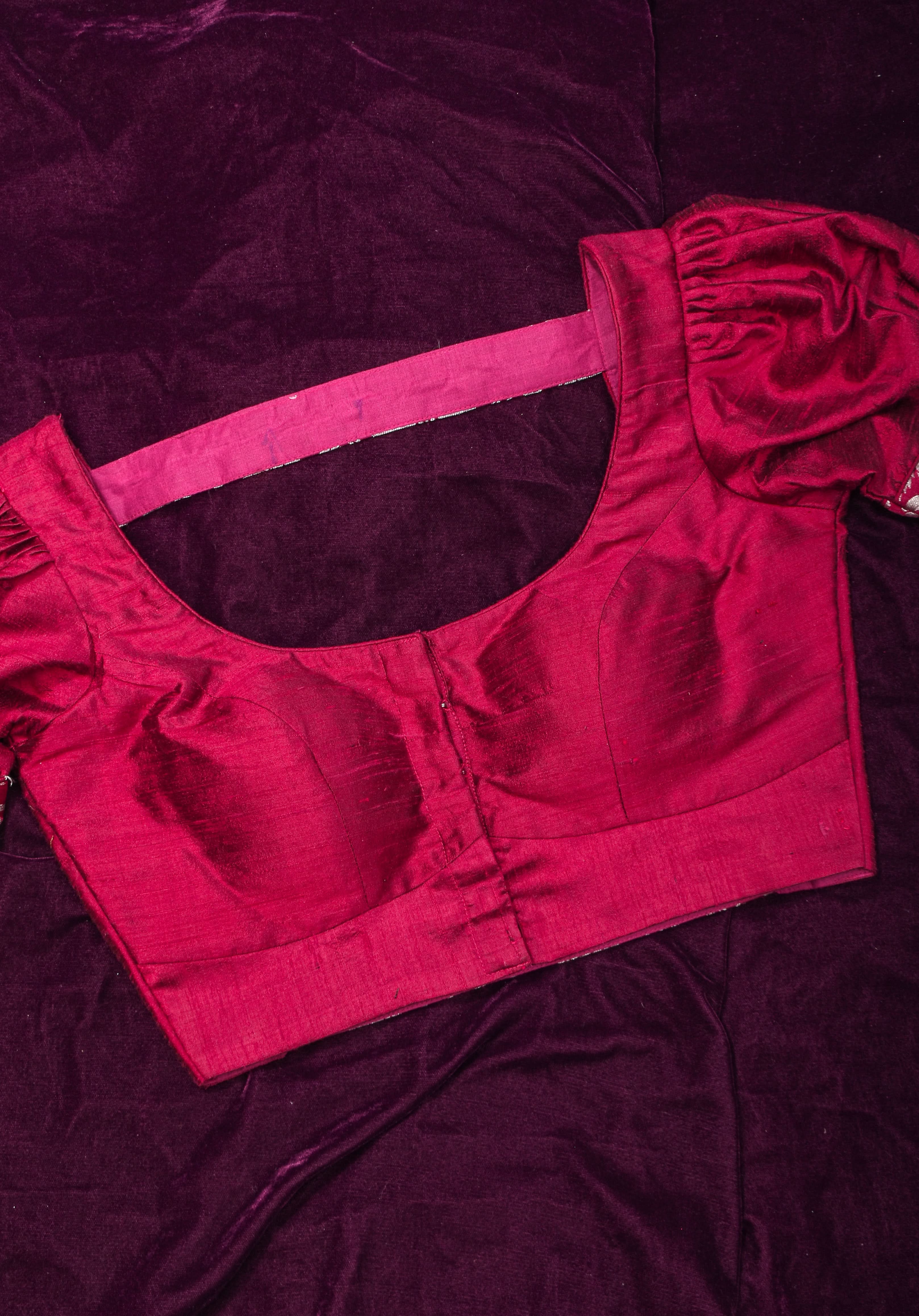 Made To Order: Magenta Pure Raw Silk Blouse with Puff Sleeves and Banarasi Brocade Detailing | Shobitam