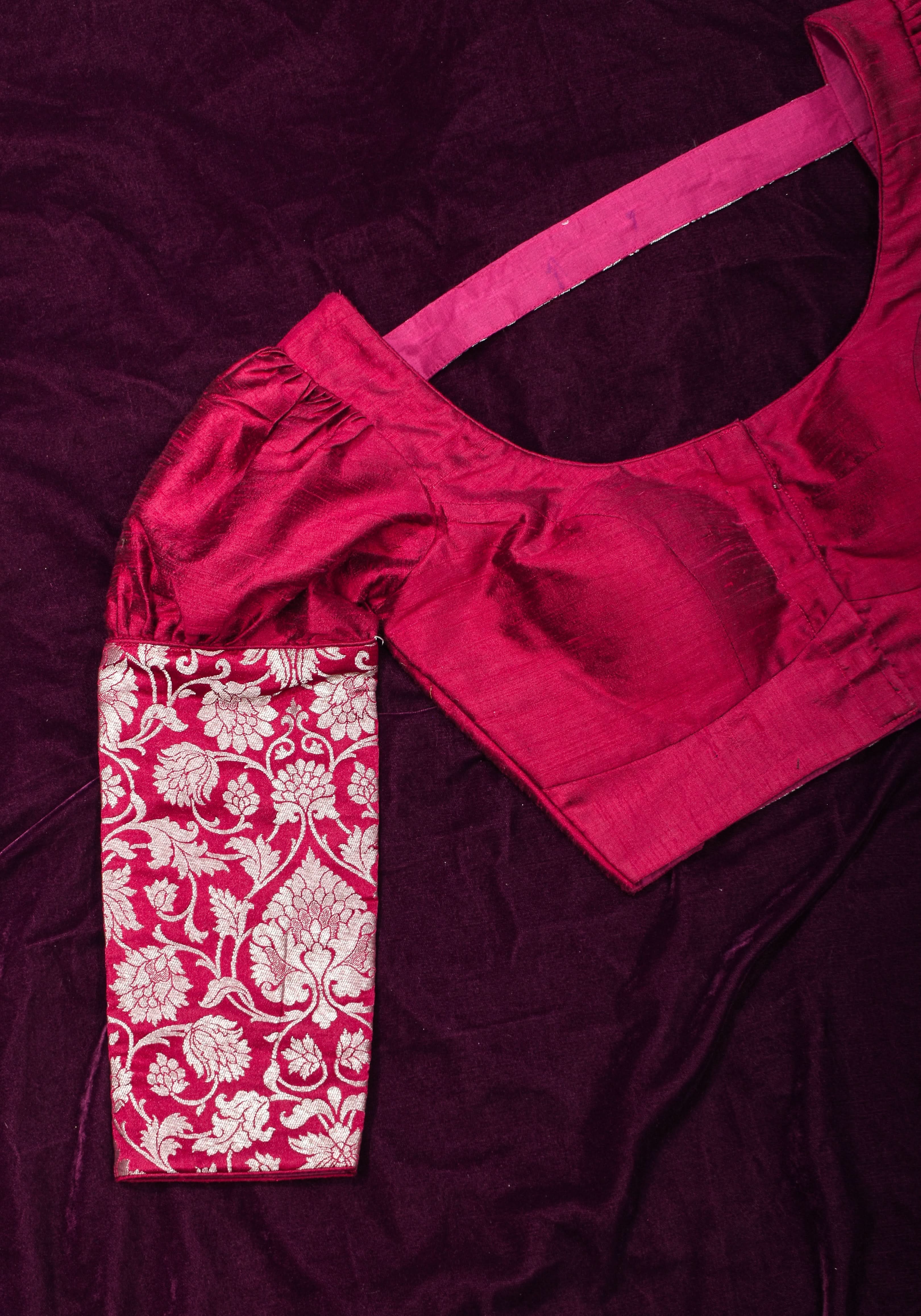 Made To Order: Magenta Pure Raw Silk Blouse with Puff Sleeves and Banarasi Brocade Detailing | Shobitam
