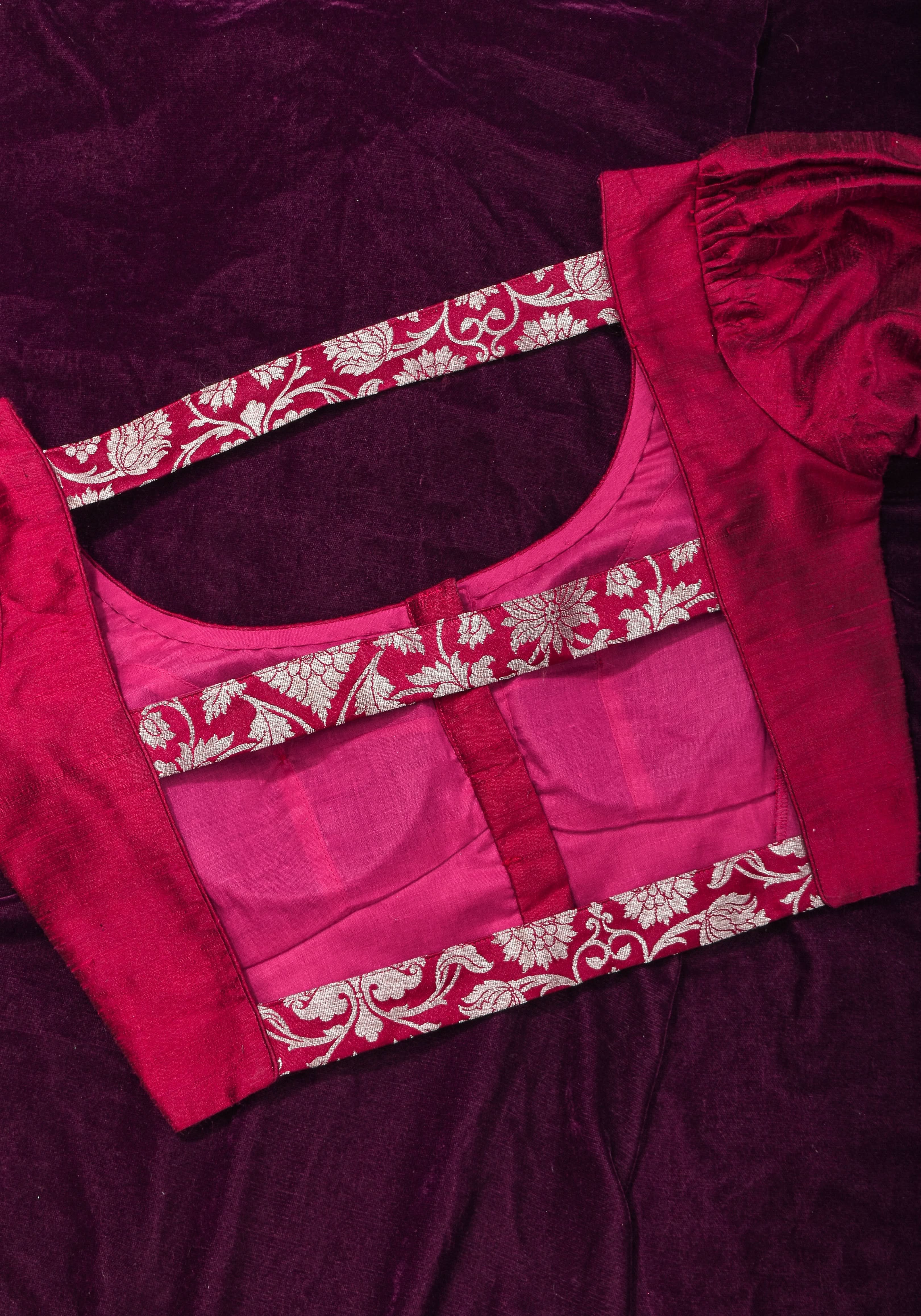 Made To Order: Magenta Pure Raw Silk Blouse with Puff Sleeves and Banarasi Brocade Detailing | Shobitam