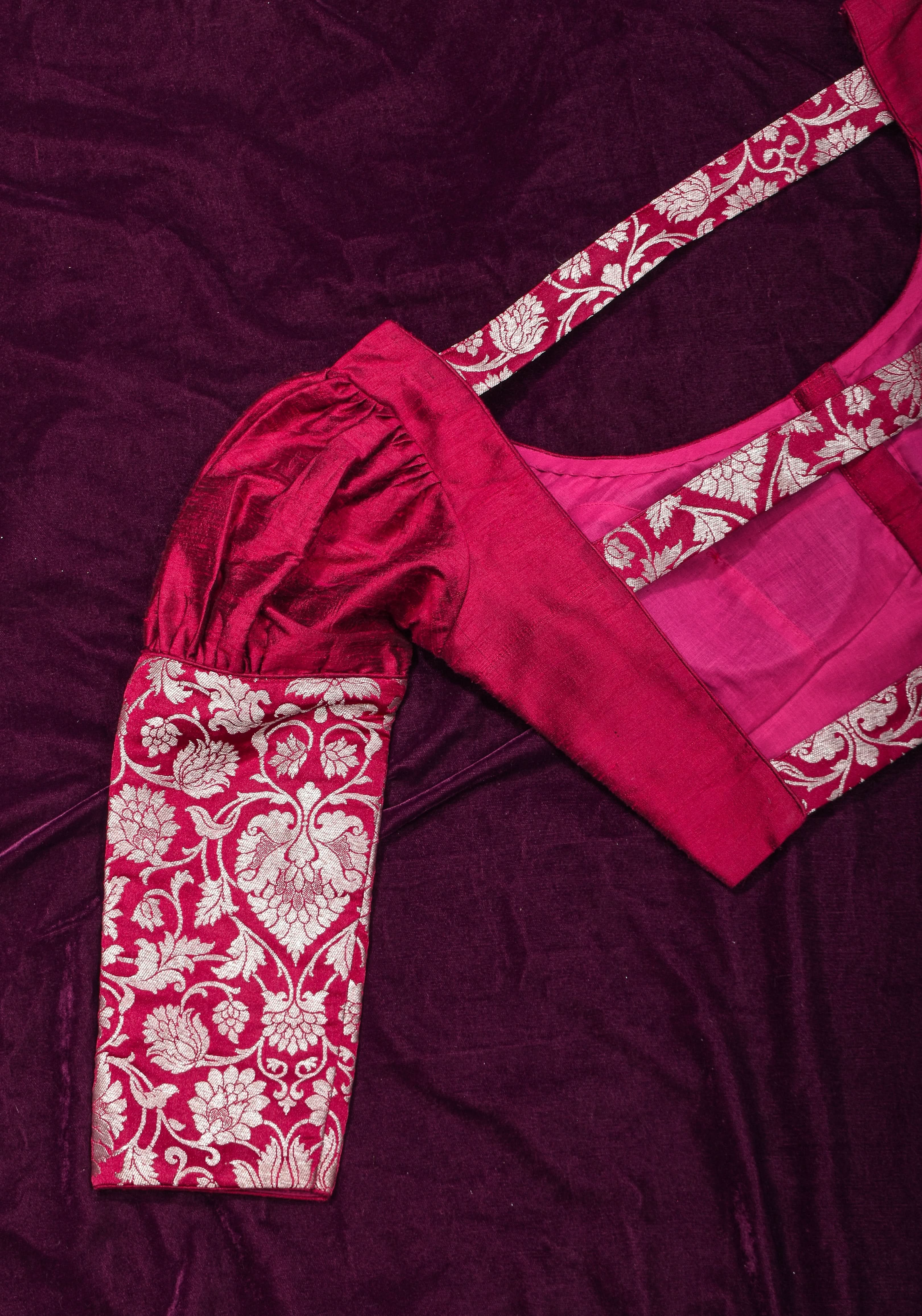 Made To Order: Magenta Pure Raw Silk Blouse with Puff Sleeves and Banarasi Brocade Detailing | Shobitam