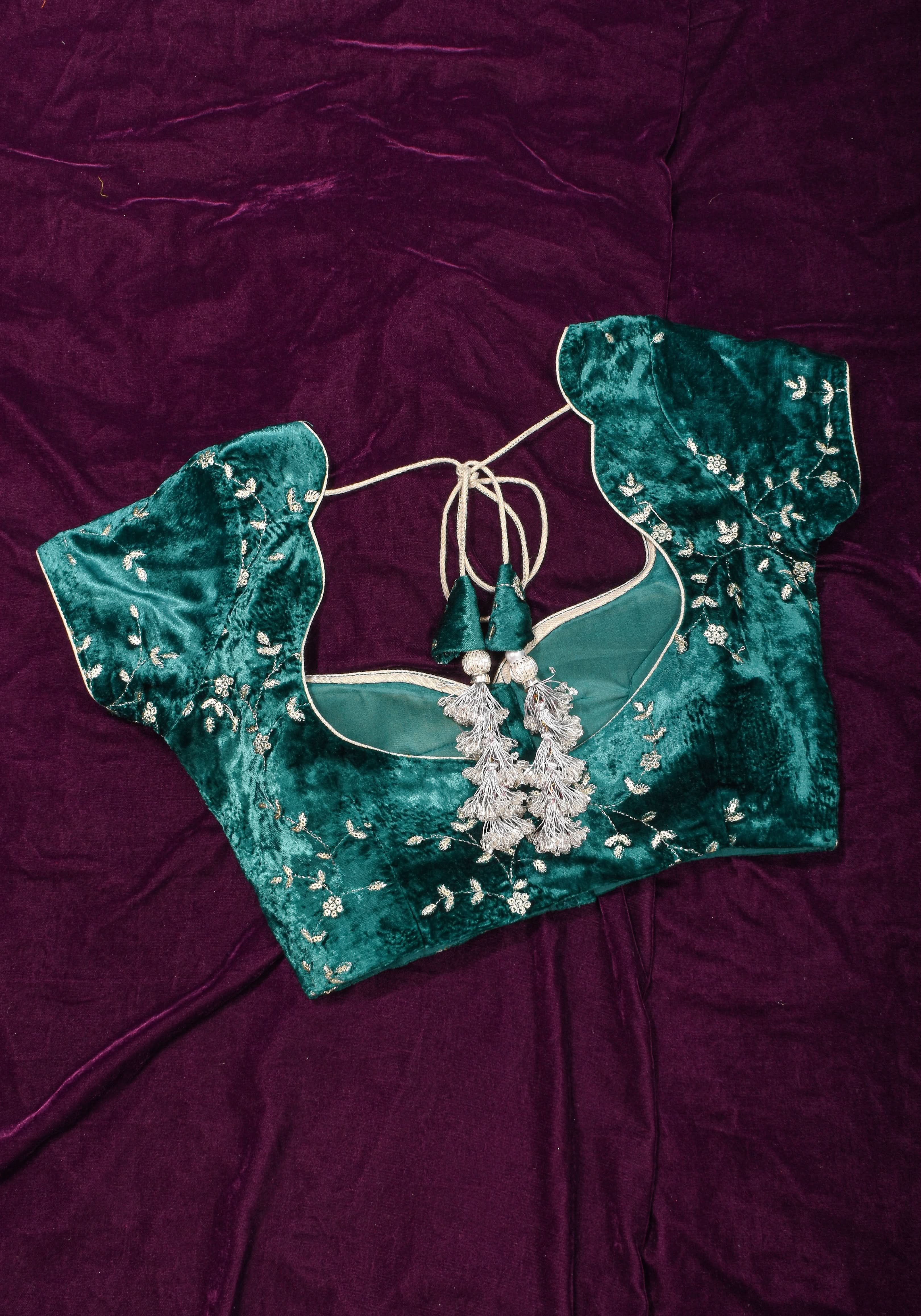 Rama green velvet with Antique Gold sequins Arch Neck blouse, Made to Order | SHOBITAM