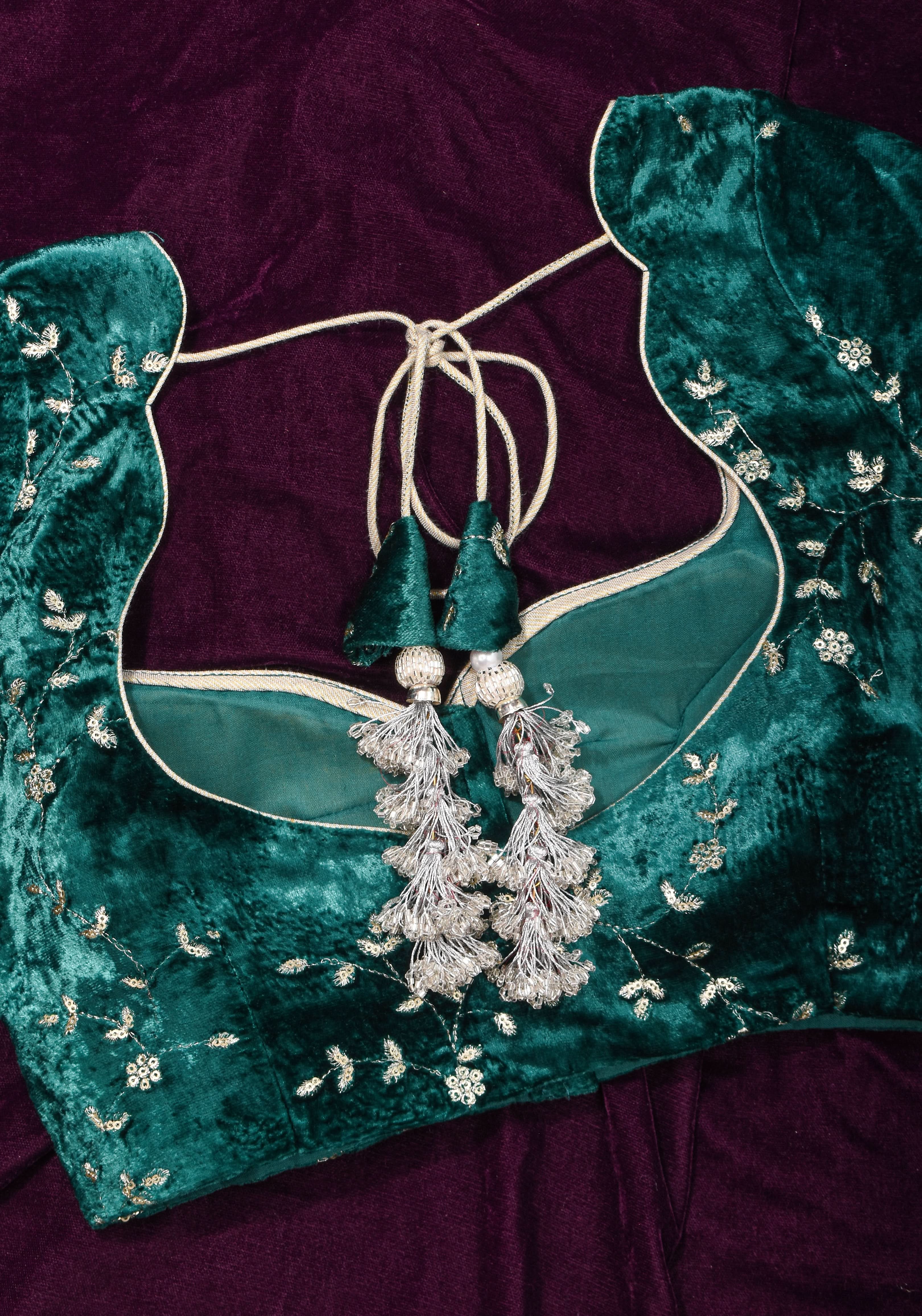 Rama green velvet with Antique Gold sequins Arch Neck blouse, Made to Order | SHOBITAM