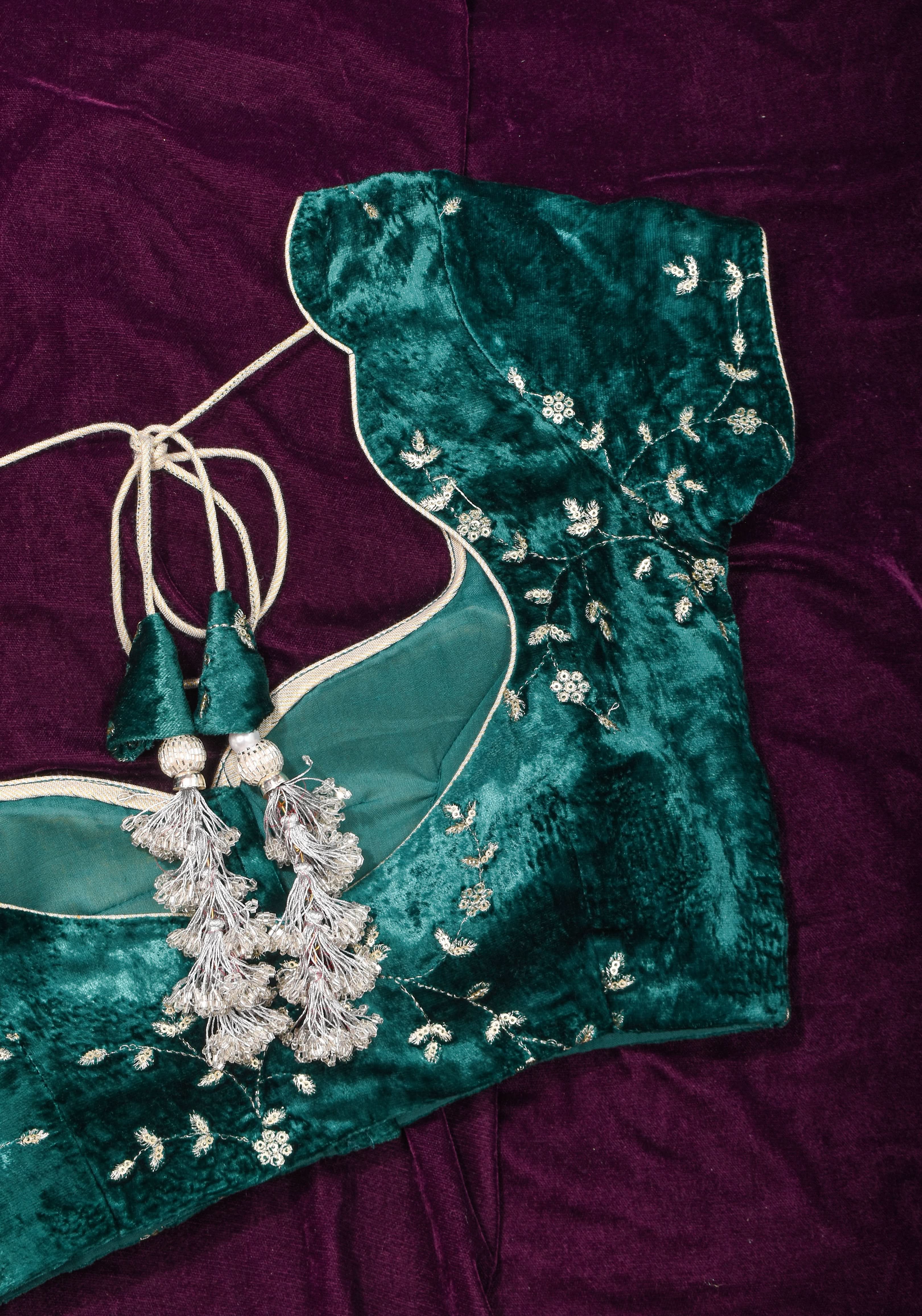 Rama green velvet with Antique Gold sequins Arch Neck blouse, Made to Order | SHOBITAM