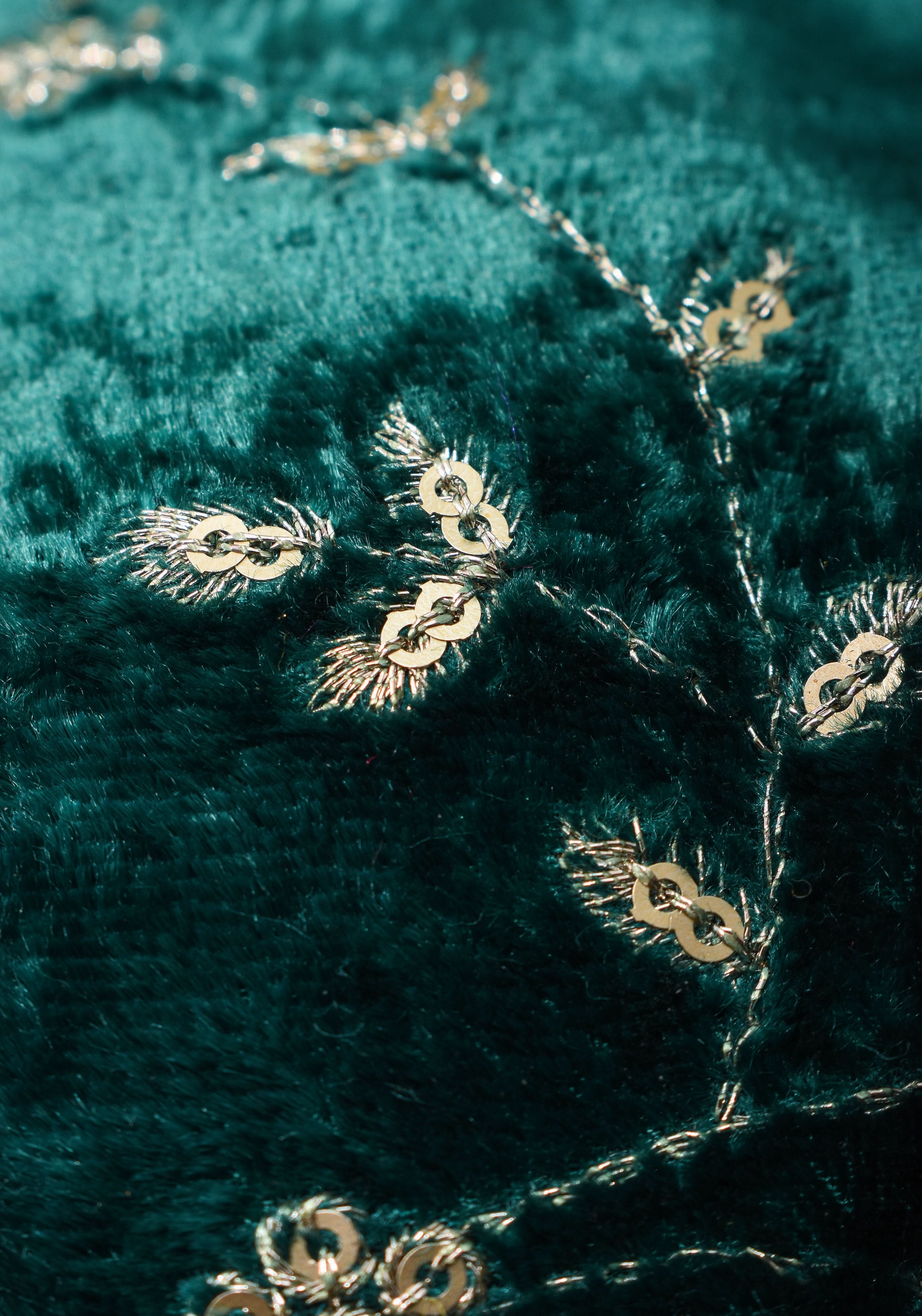 Rama green velvet with Antique Gold sequins Arch Neck blouse, Made to Order | SHOBITAM