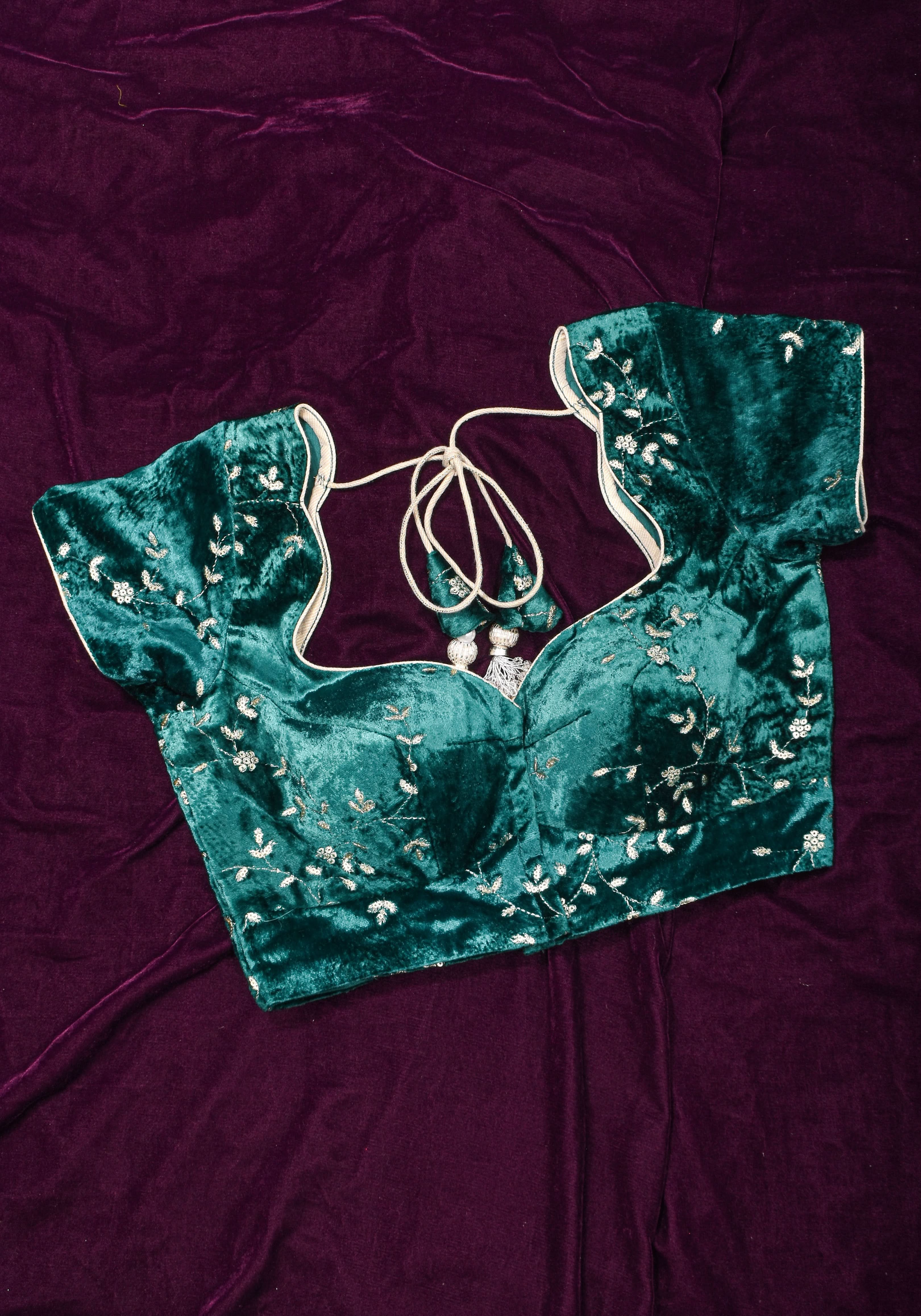 Rama green velvet with Antique Gold sequins Arch Neck blouse, Made to Order | SHOBITAM
