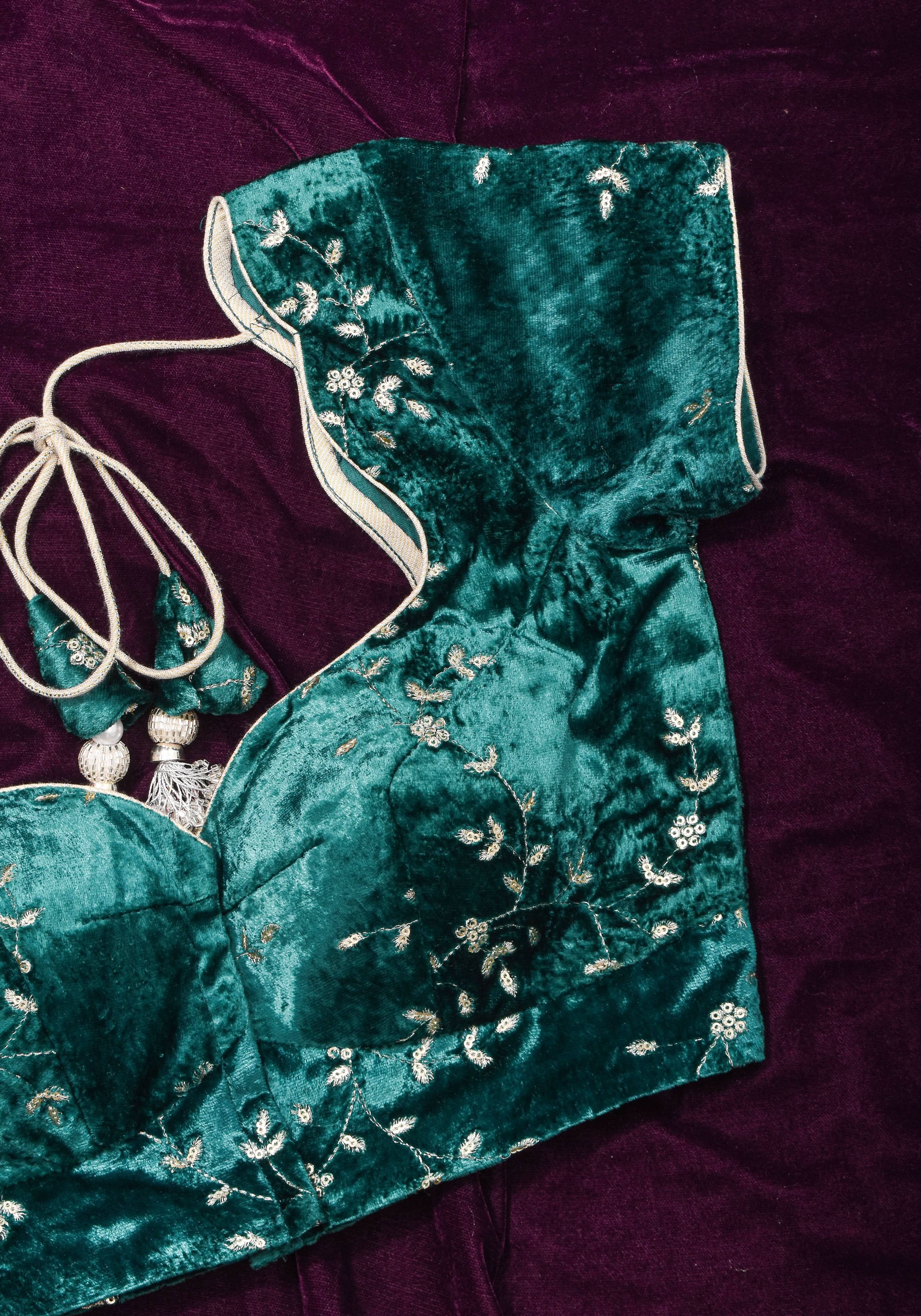 Rama green velvet with Antique Gold sequins Arch Neck blouse, Made to Order | SHOBITAM