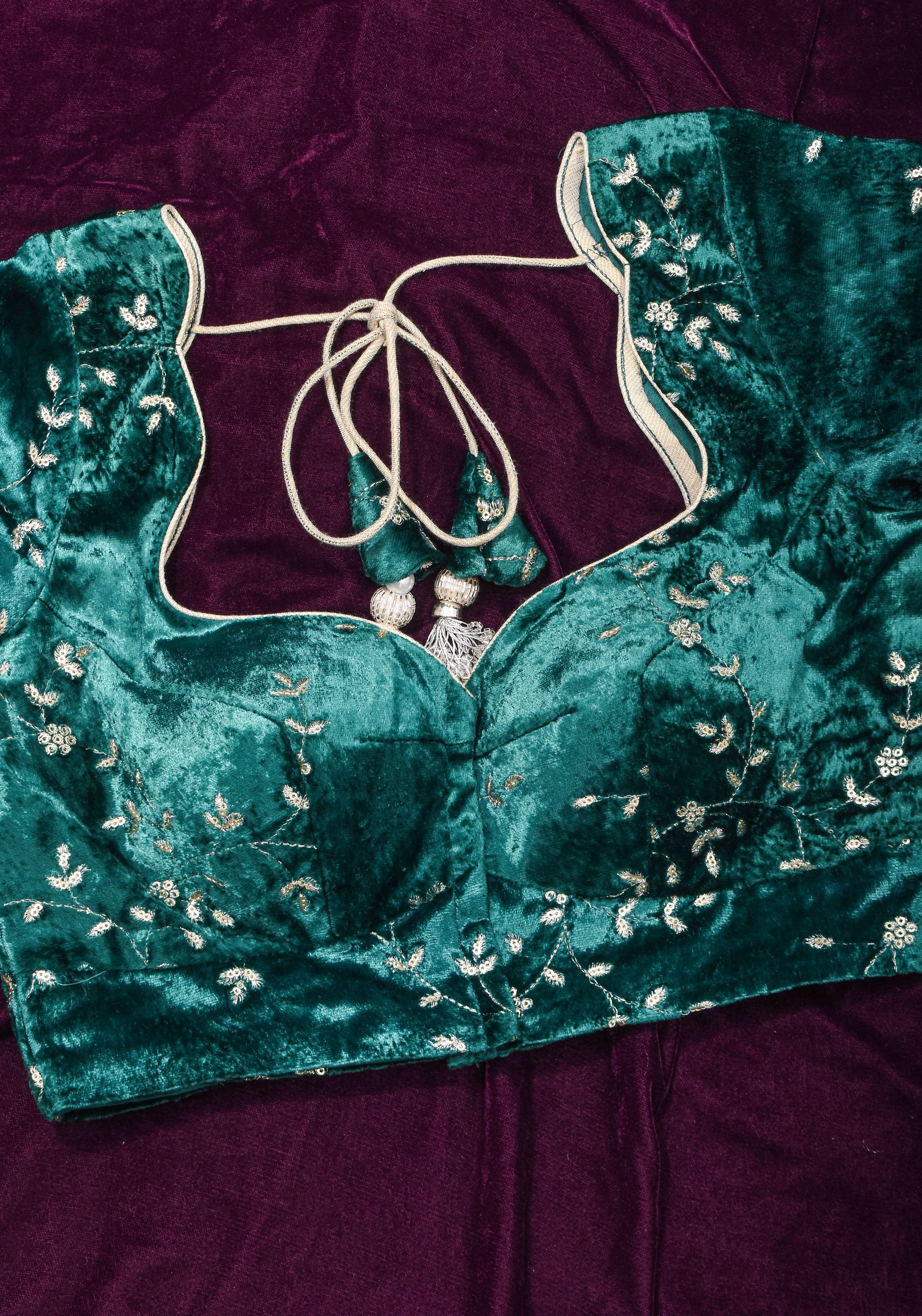 Rama green velvet with Antique Gold sequins Arch Neck blouse, Made to Order | SHOBITAM