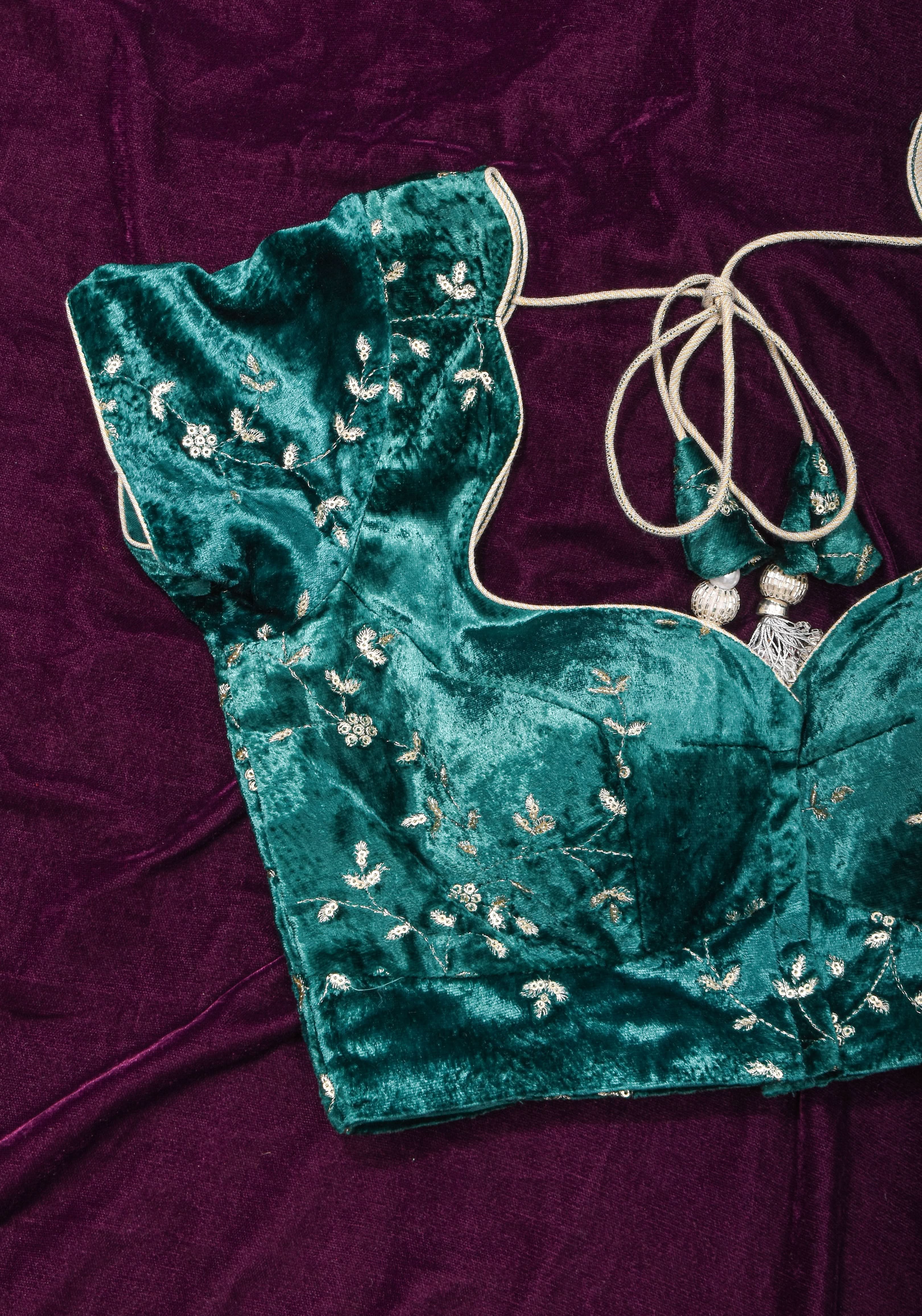 Rama green velvet with Antique Gold sequins Arch Neck blouse, Made to Order | SHOBITAM