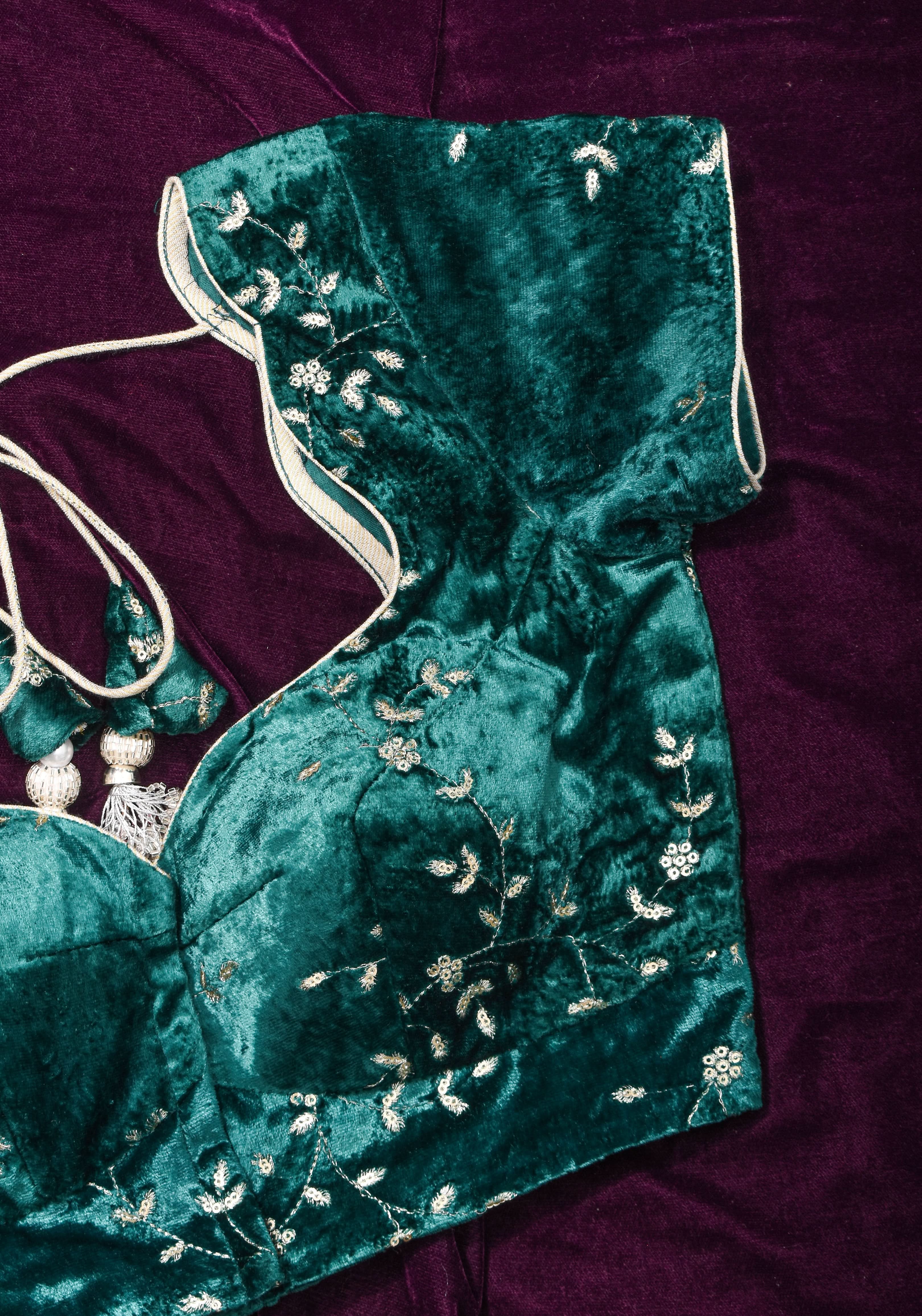 Rama green velvet with Antique Gold sequins Arch Neck blouse, Made to Order | SHOBITAM