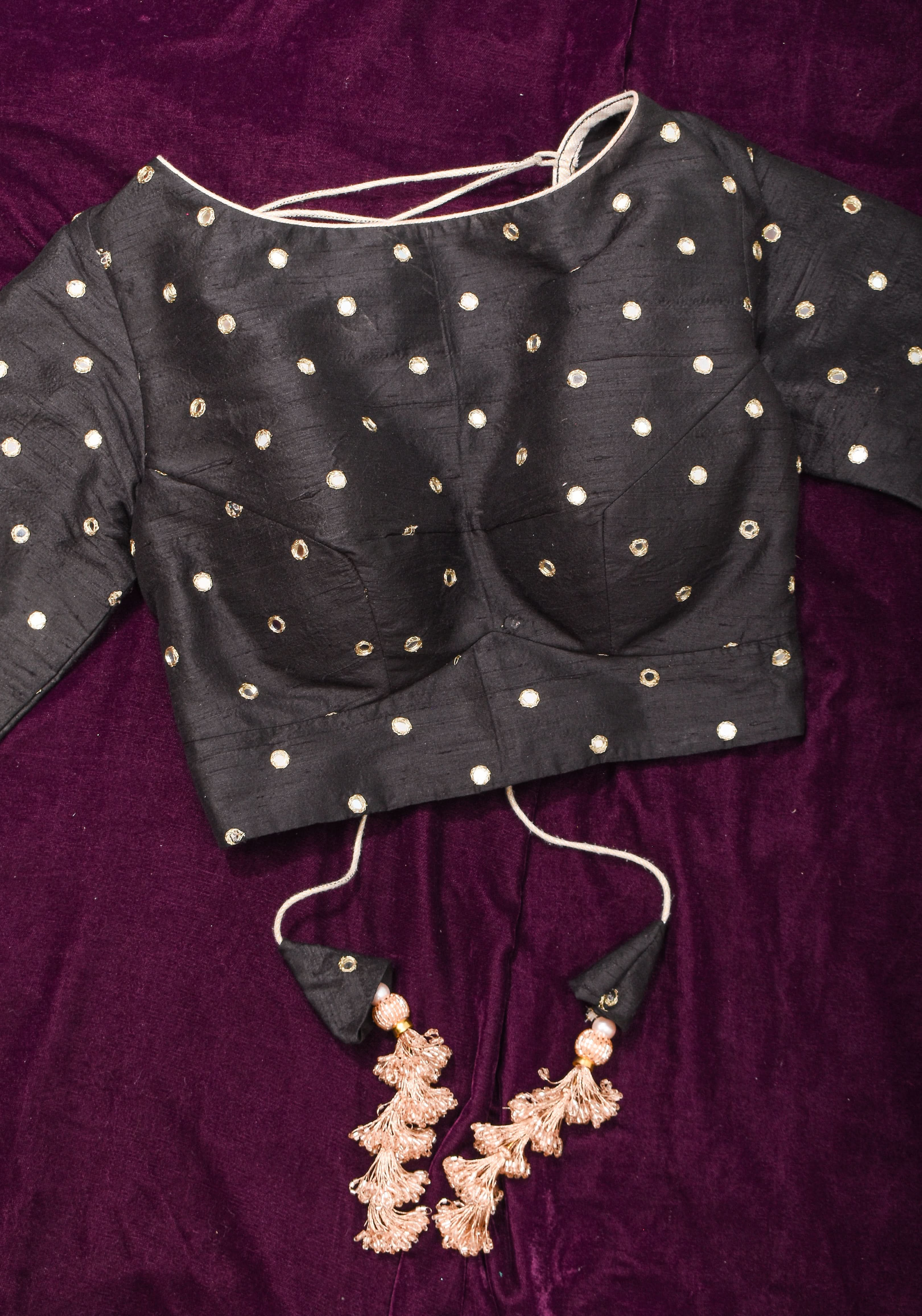 Black Pure raw silk blouse with mirror work,backless  design with gotta trim. Made to Order | Shobitam