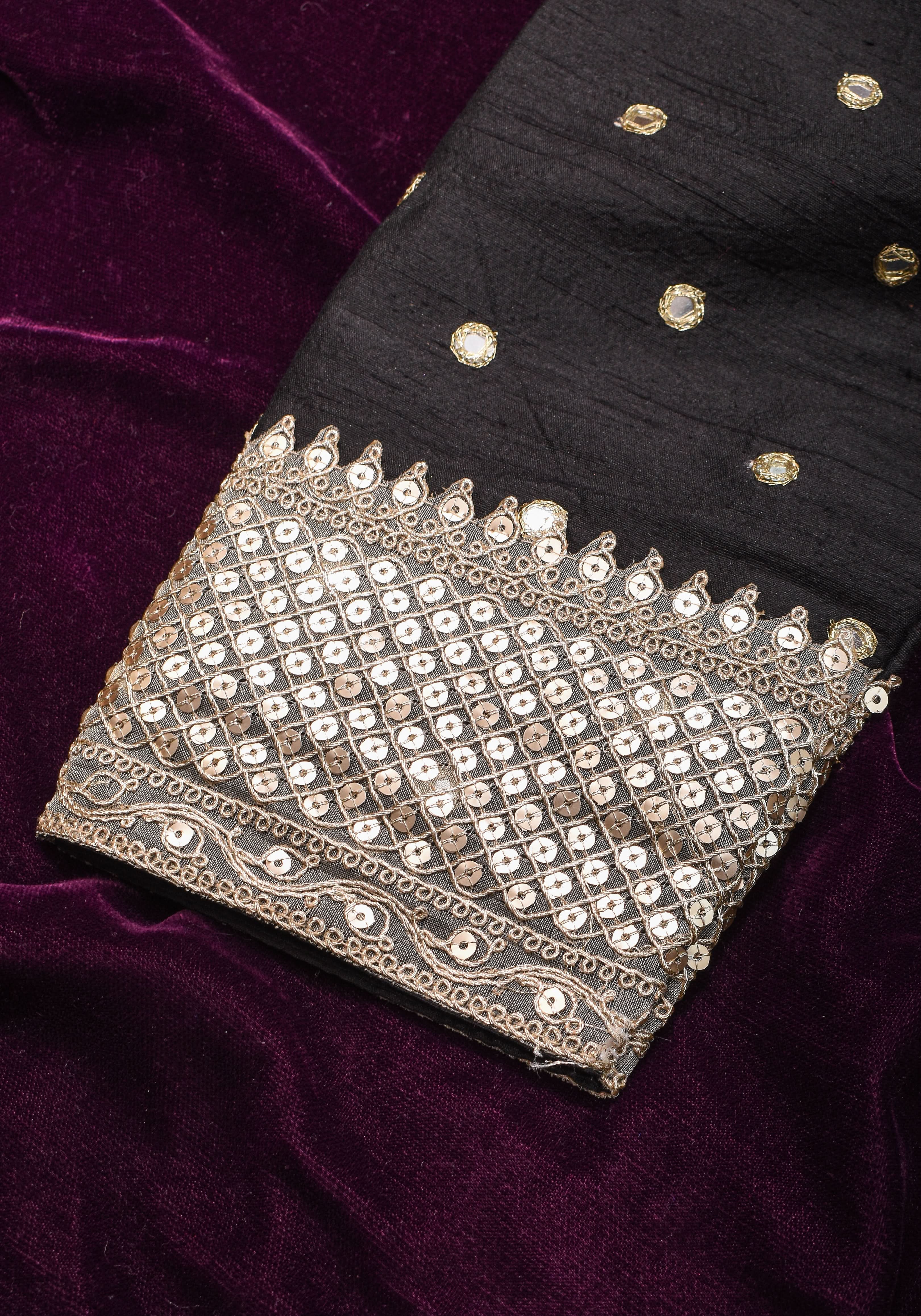 Black Pure raw silk blouse with mirror work,backless  design with gotta trim. Made to Order | Shobitam