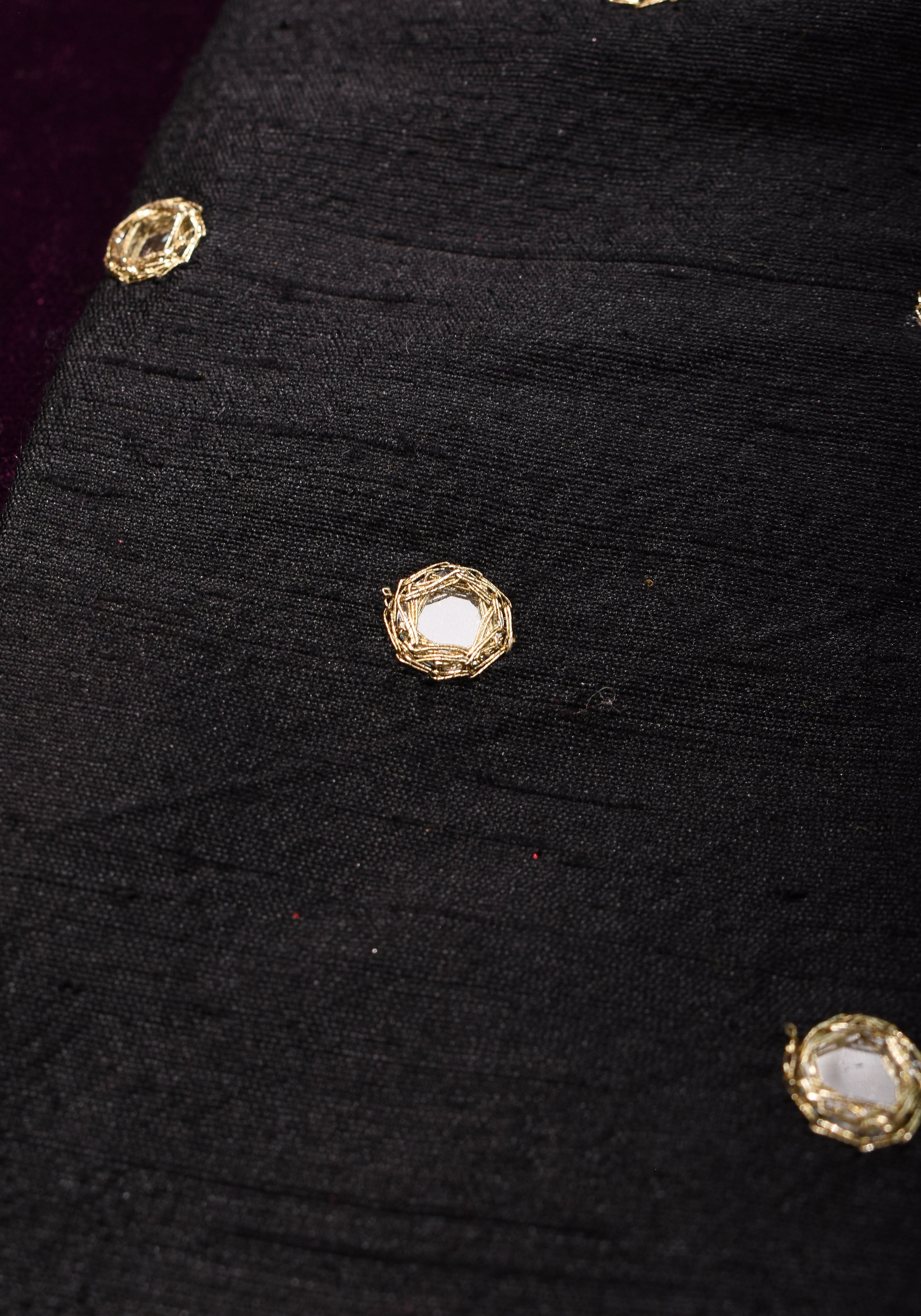 Black Pure raw silk blouse with mirror work,backless  design with gotta trim. Made to Order | Shobitam