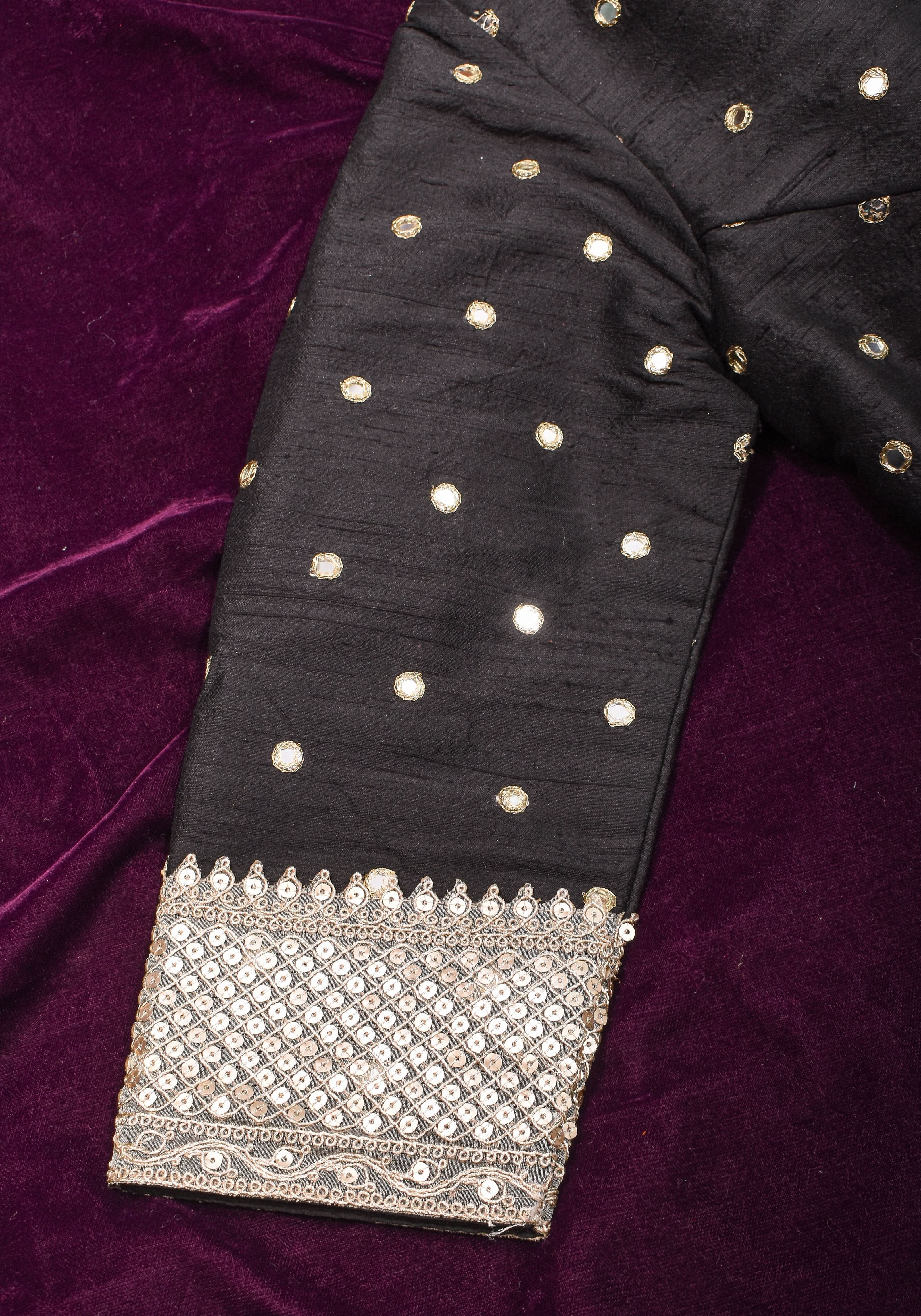 Black Pure raw silk blouse with mirror work,backless  design with gotta trim. Made to Order | Shobitam