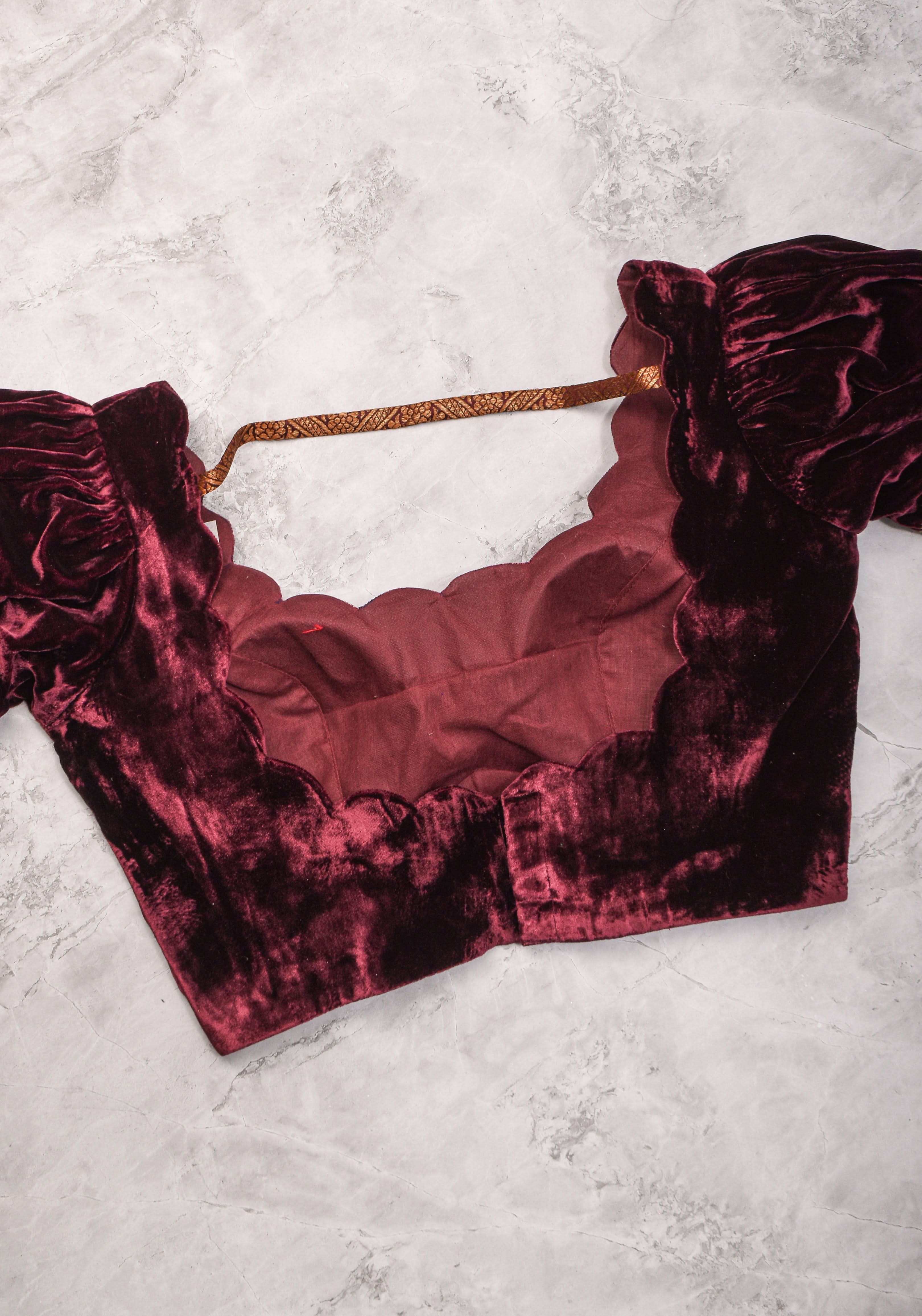 Made To Order: Pure Silk Velvet Scallop neck blouse with pure silk sleevs puff detailing | Shobitam
